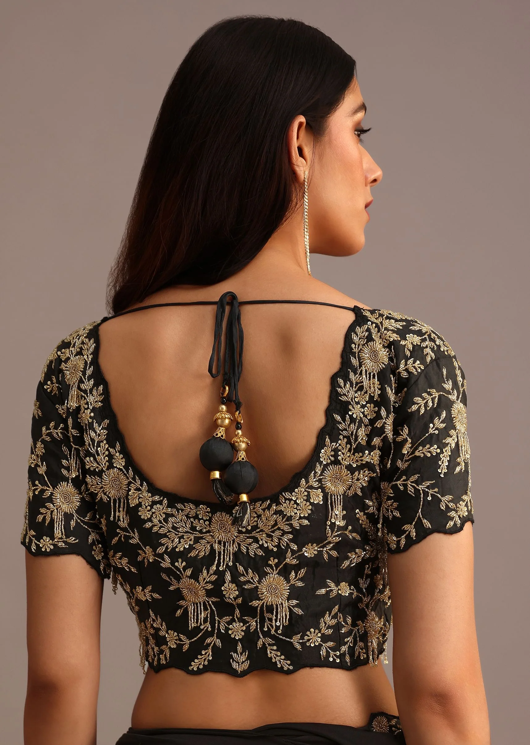 Black Ready Pleated Frills Saree With Embroided Blouse And Belt - Image 8