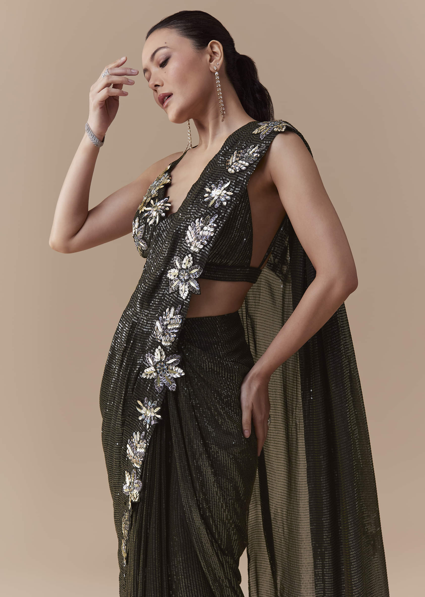 Black Ready Pleated Georgette Saree with Sequin Wor Blouse - Image 4