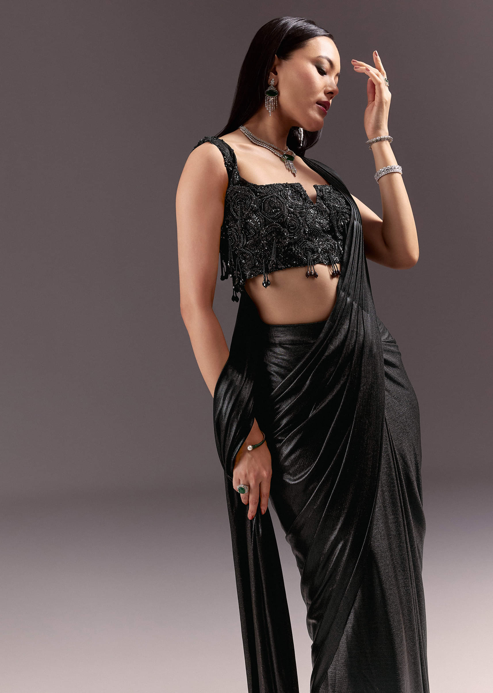 Black Ready To Drape Frill Saree With Ruching Blouse - Image 2