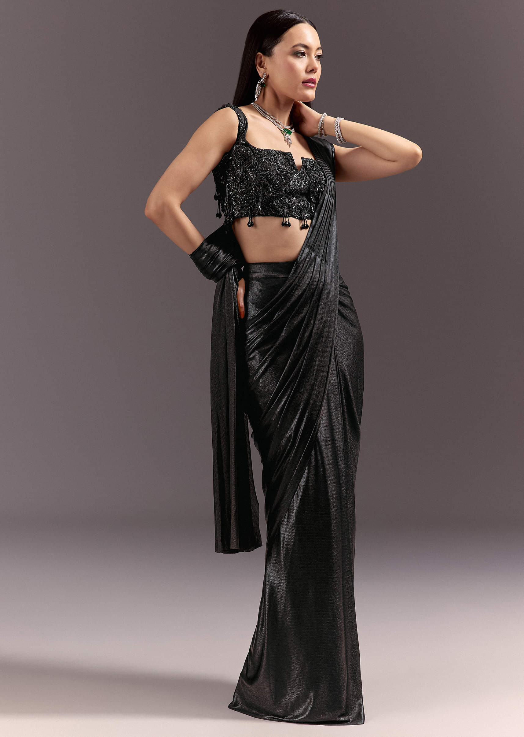 Black Ready To Drape Frill Saree With Ruching Blouse - Image 5