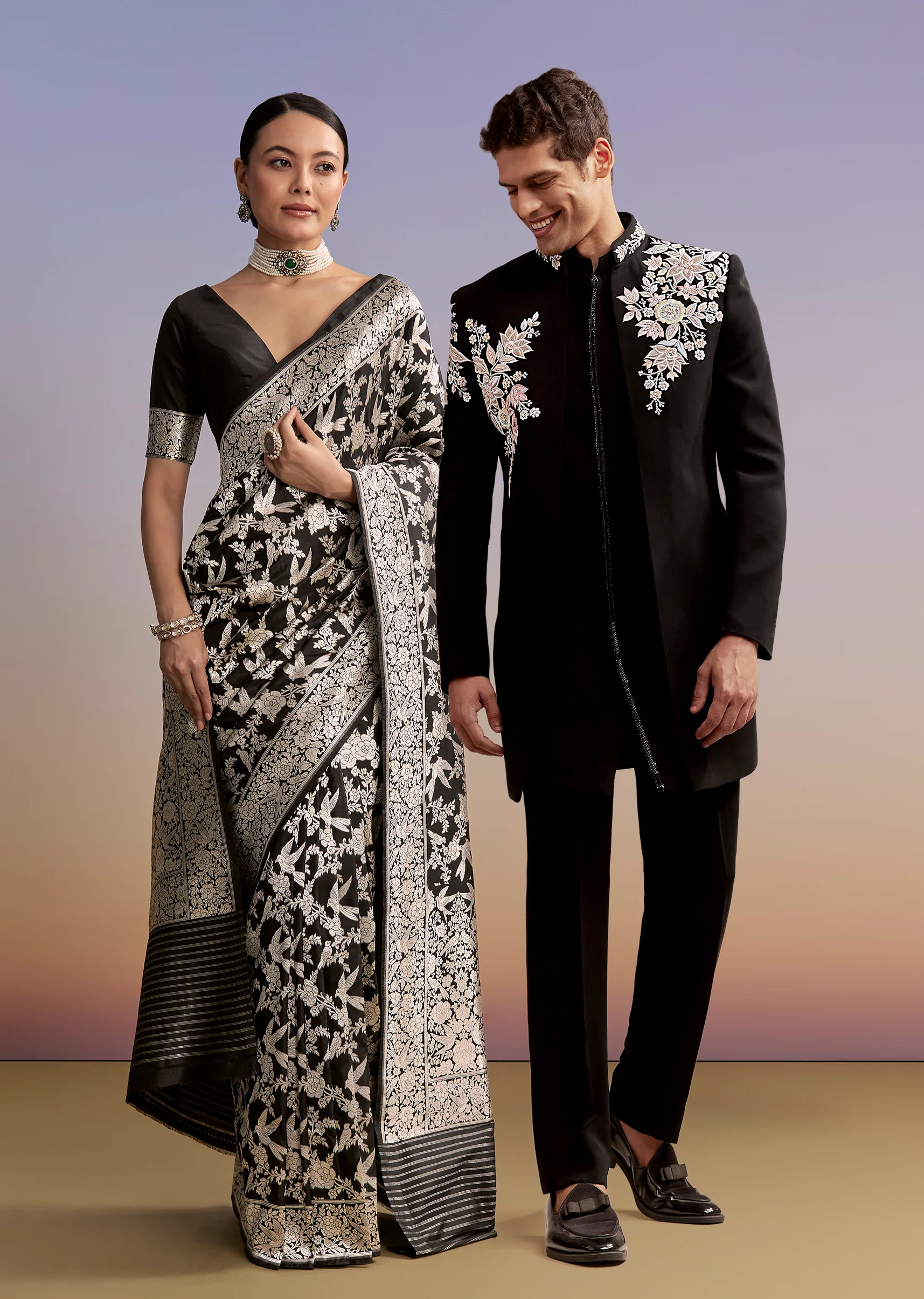 Black Regal Duo – Banarasi Silk Saree For Her And Embroidered Indo Western Set For Him
