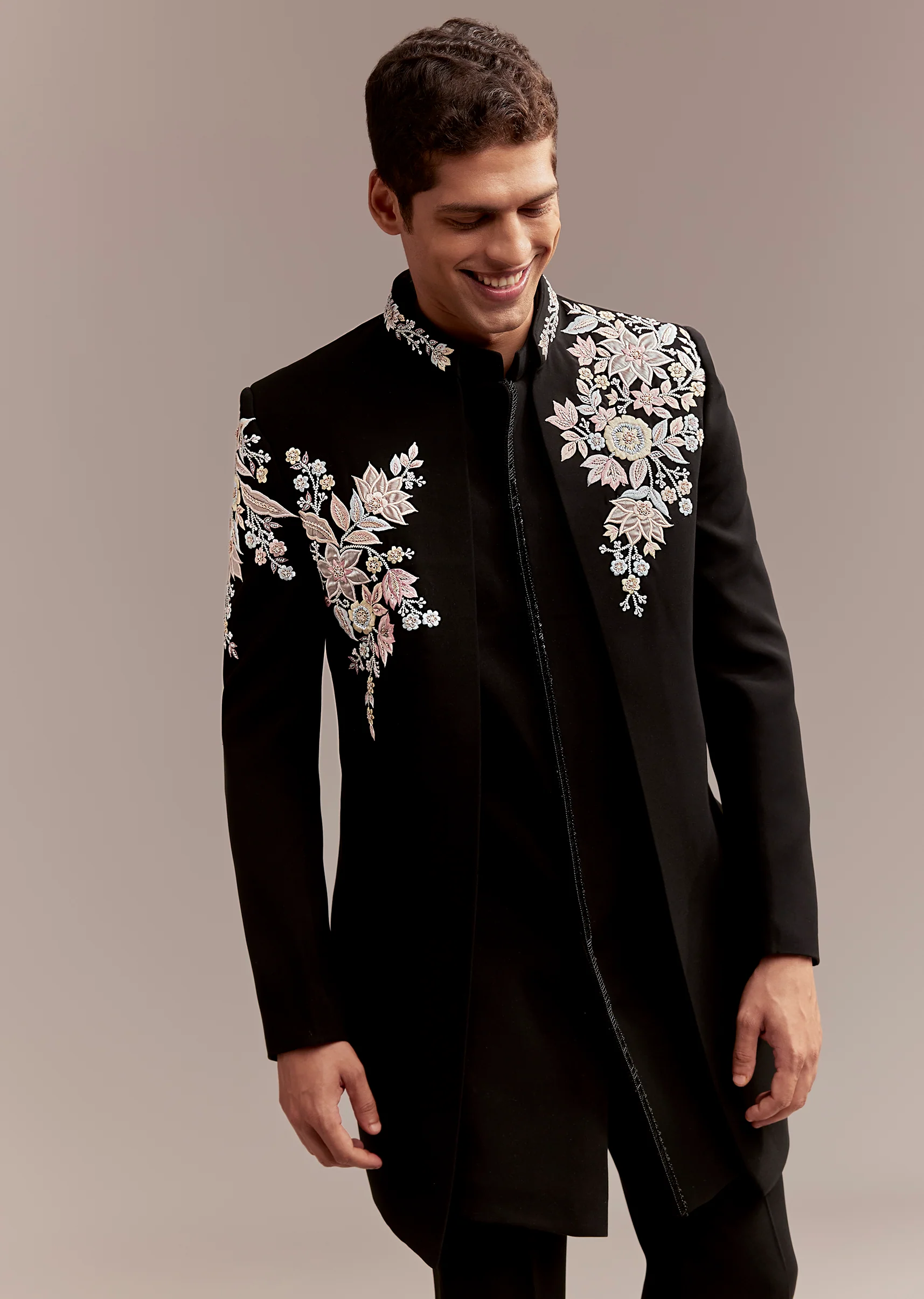 Black Regal Duo – Banarasi Silk Saree For Her And Embroidered Indo Western Set For Him - Image 10