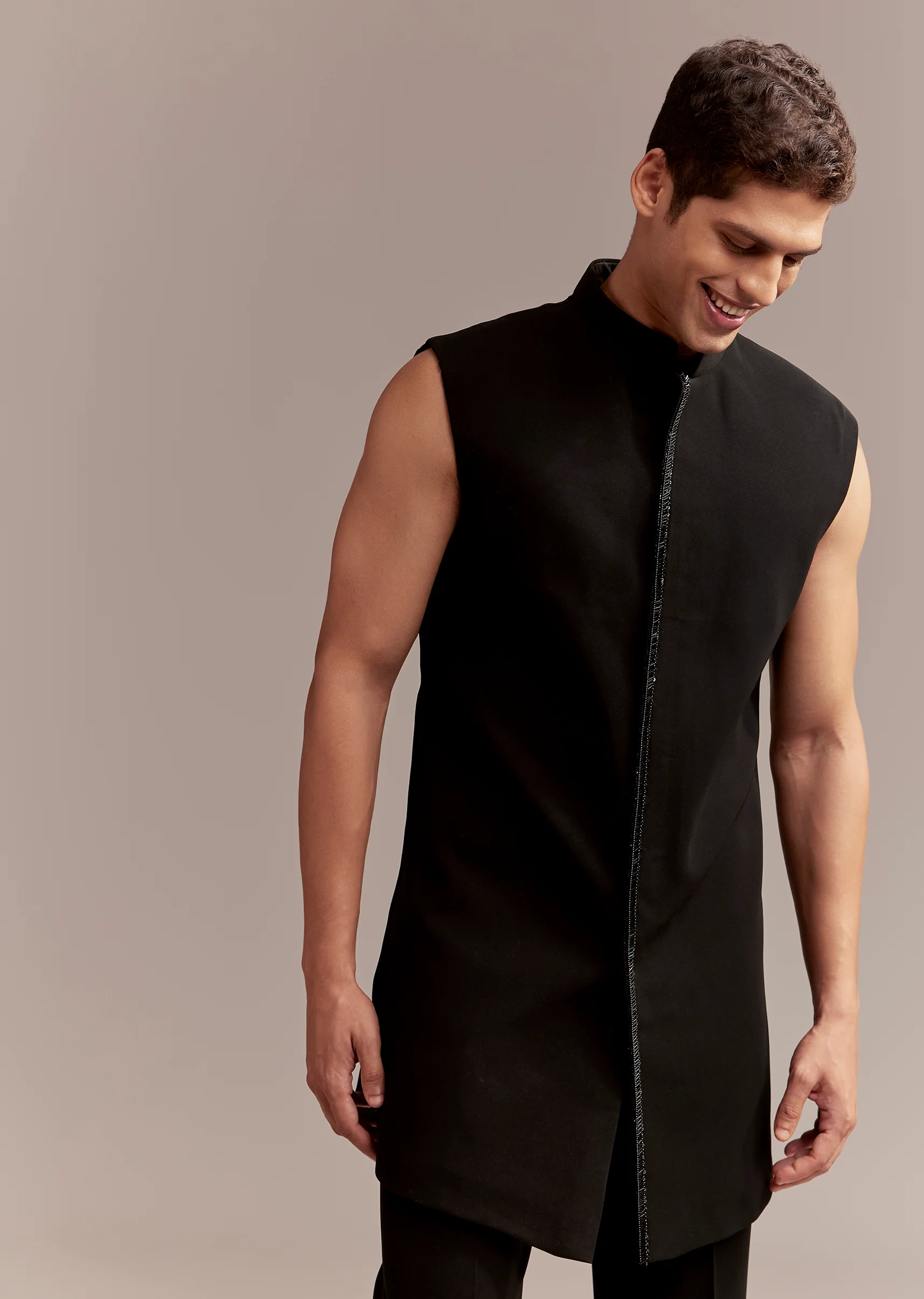 Black Regal Duo – Banarasi Silk Saree For Her And Embroidered Indo Western Set For Him - Image 11