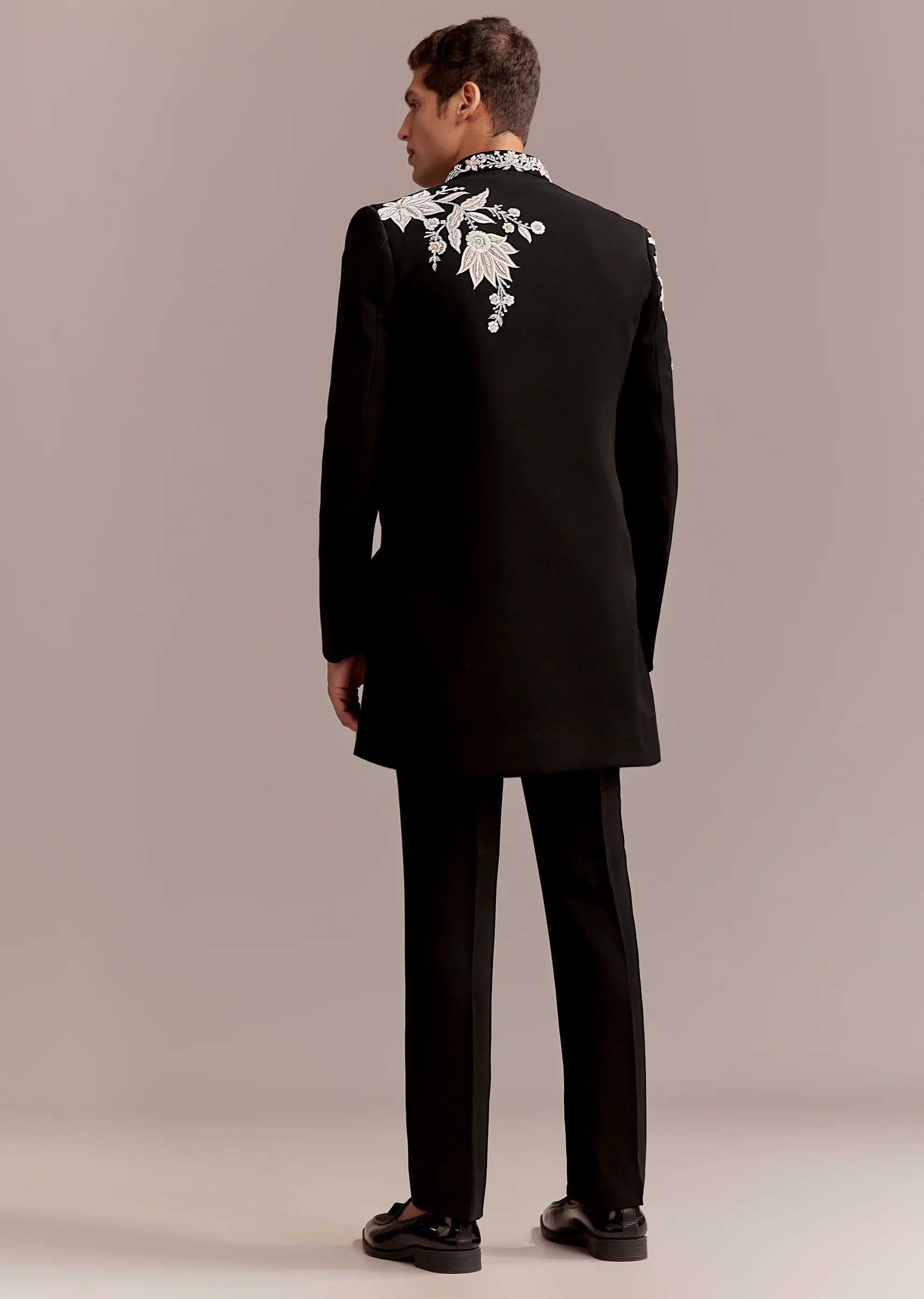 Black Regal Duo – Banarasi Silk Saree For Her And Embroidered Indo Western Set For Him - Image 13
