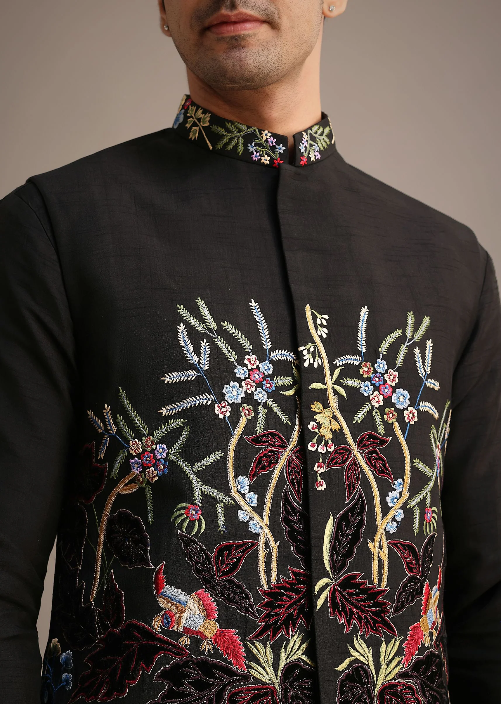 Black Resham Embroidered Jacket And Kurta Set In Silk - Image 2