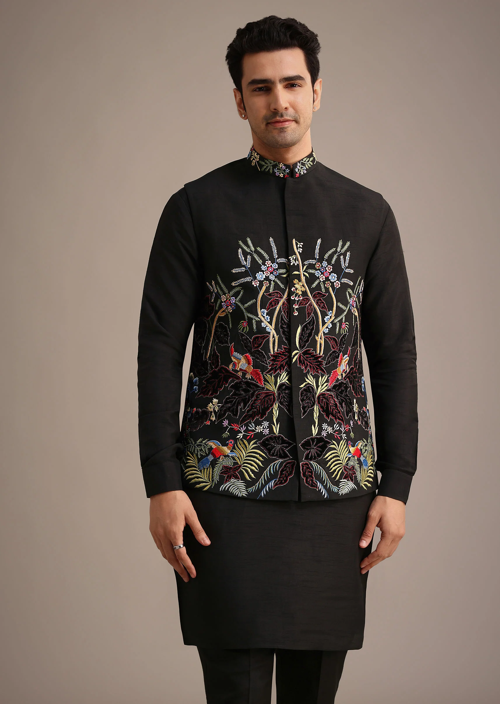 Black Resham Embroidered Jacket And Kurta Set In Silk - Image 4