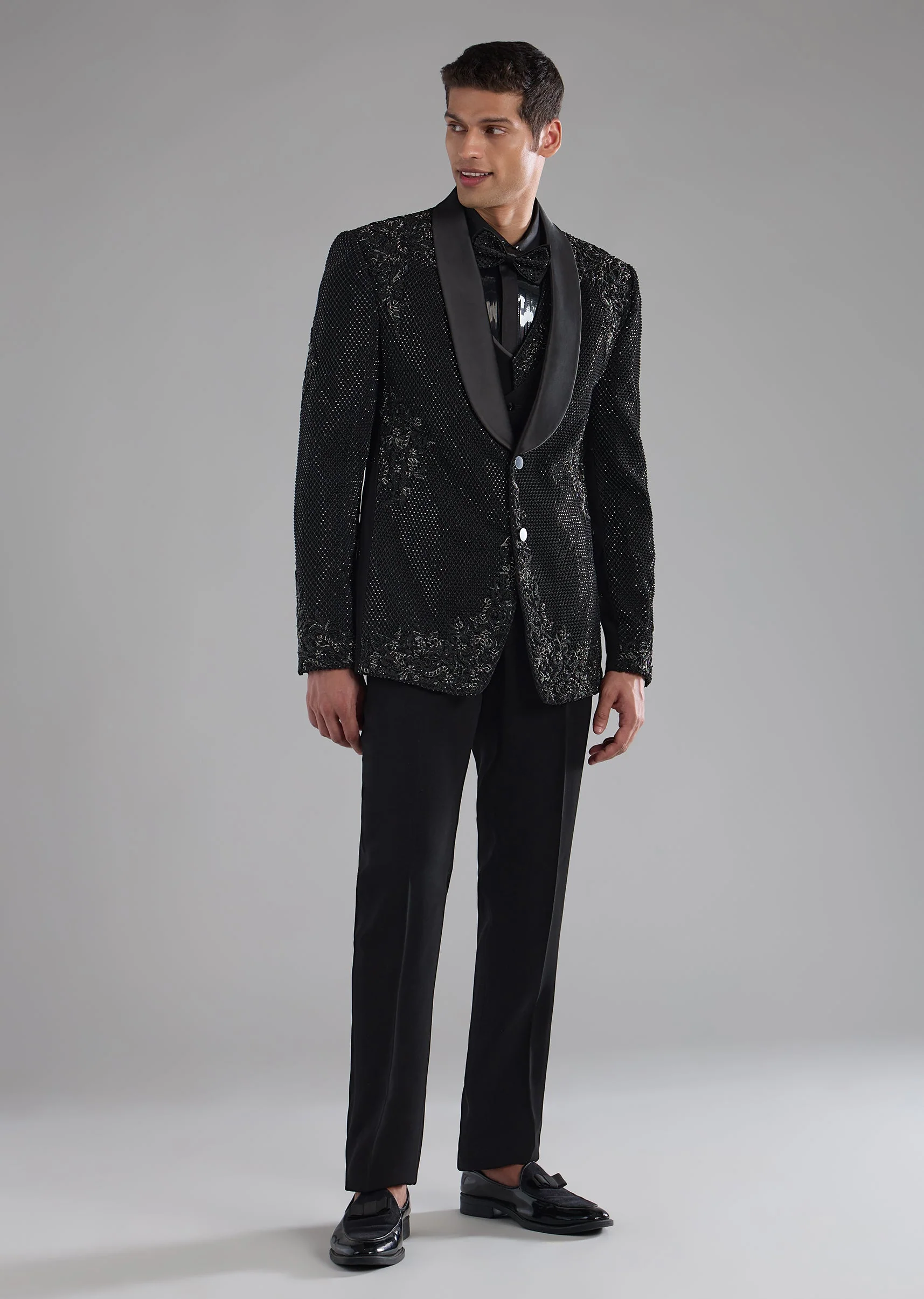Black Resham Work Tuxedo and Waist Coat Set - Image 2