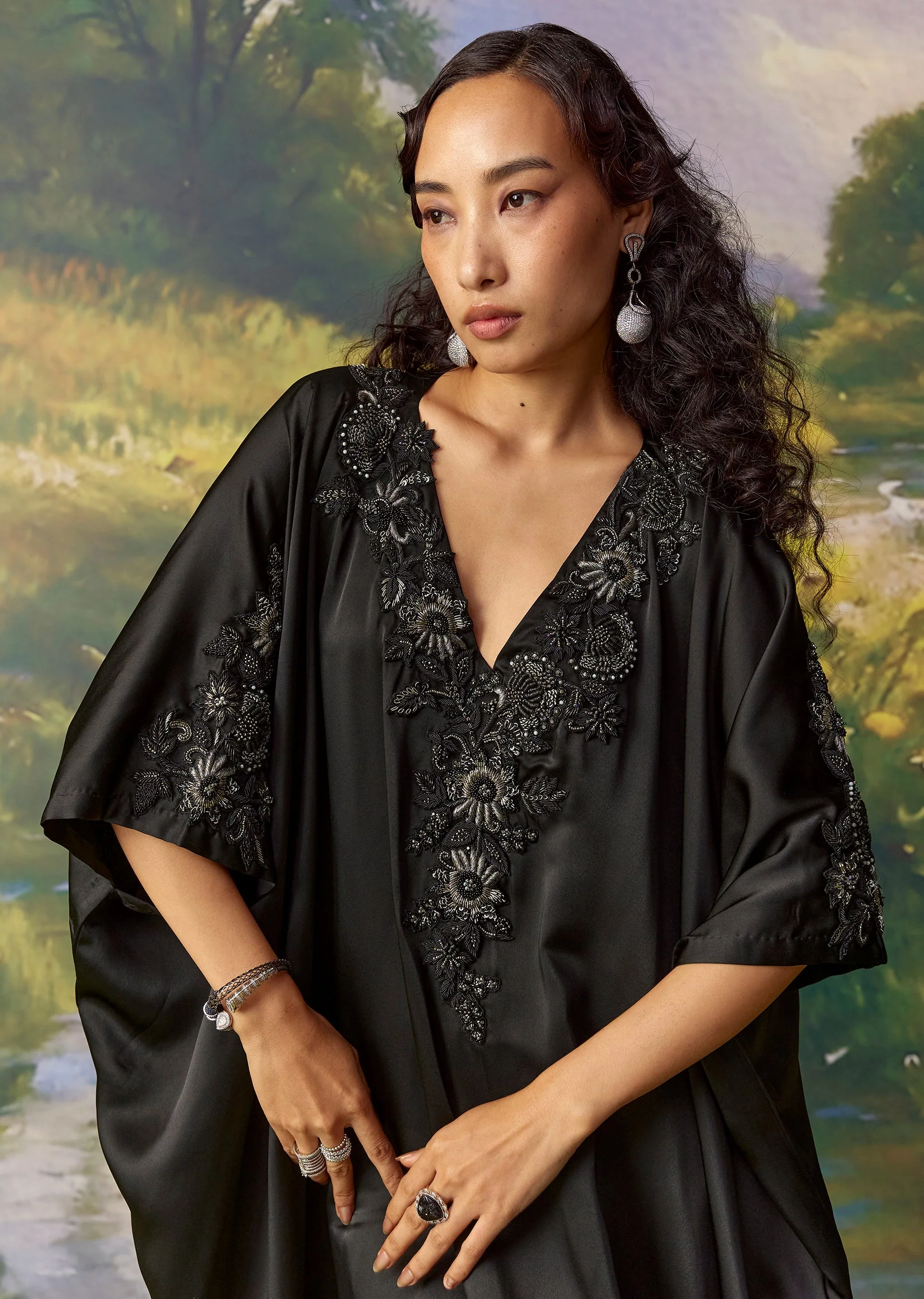 Black Satin Cutdana Embellished Kaftan - Image 3