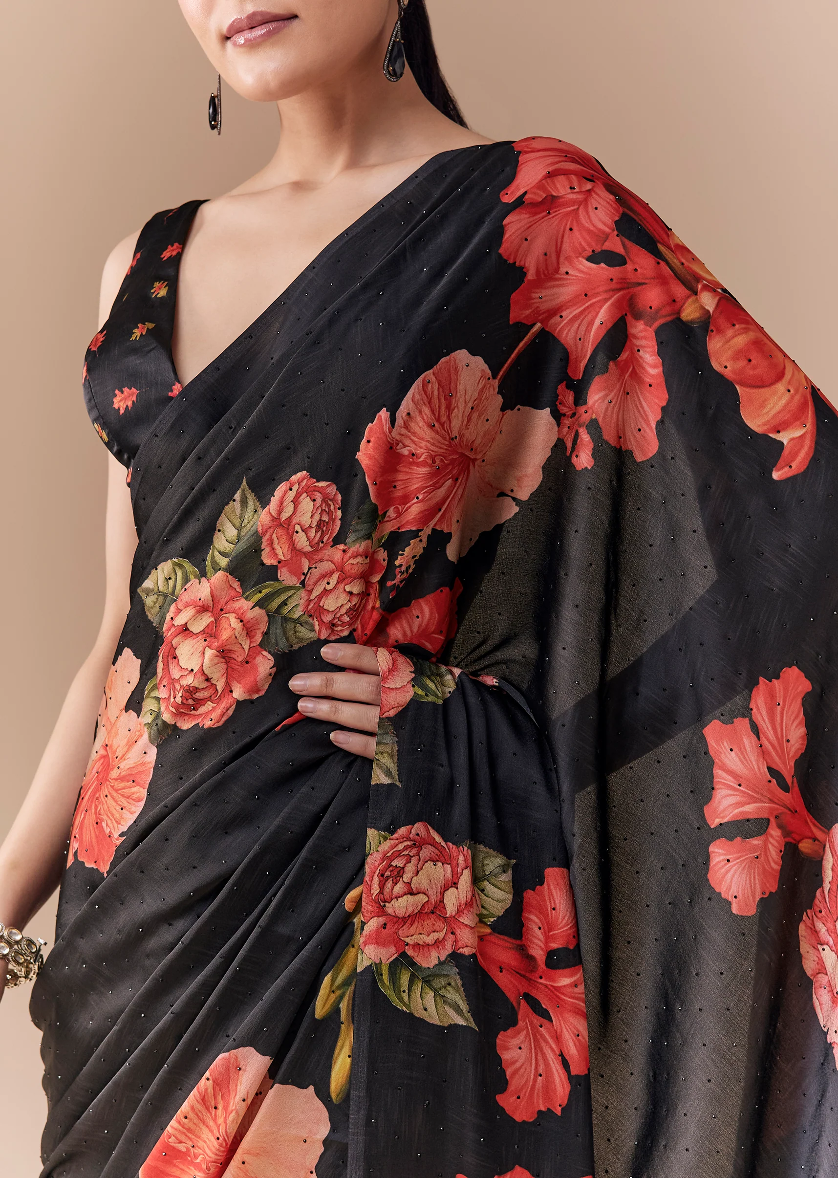 Black Satin Floral Printed Saree with Blouse Fabric - Image 2