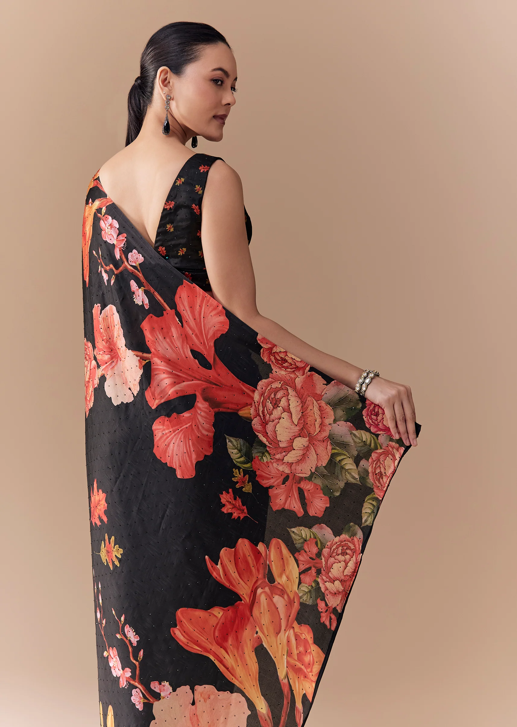 Black Satin Floral Printed Saree with Blouse Fabric - Image 4