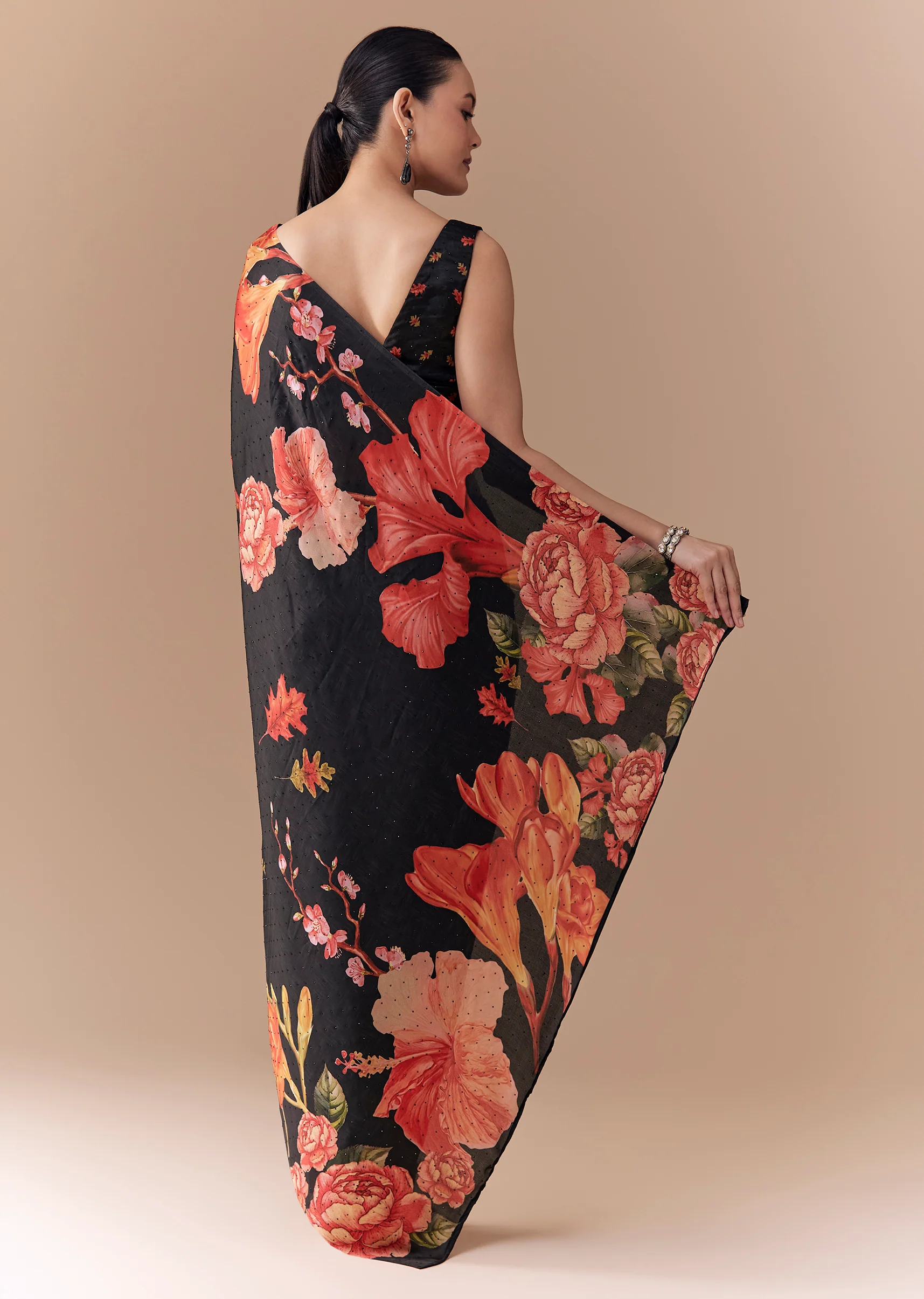 Black Satin Floral Printed Saree with Blouse Fabric - Image 6