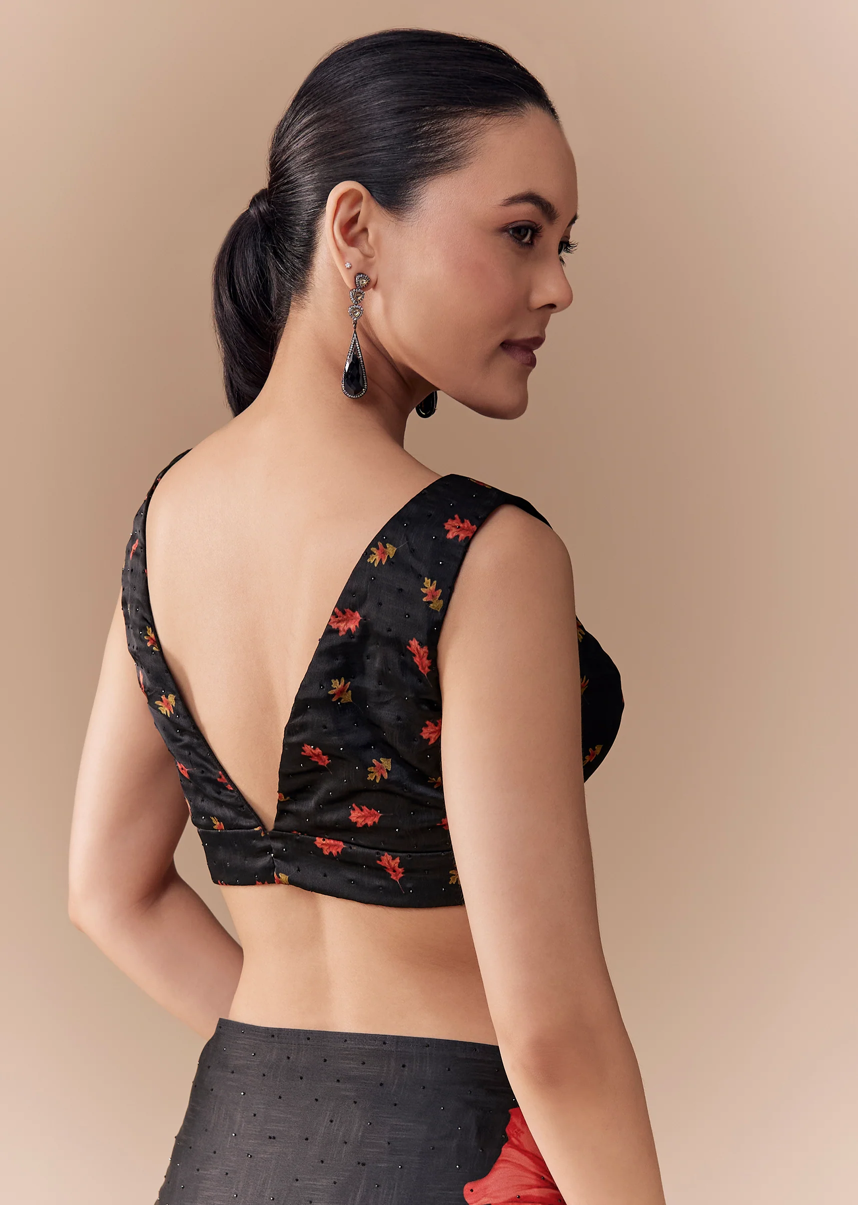 Black Satin Floral Printed Saree with Blouse Fabric - Image 8