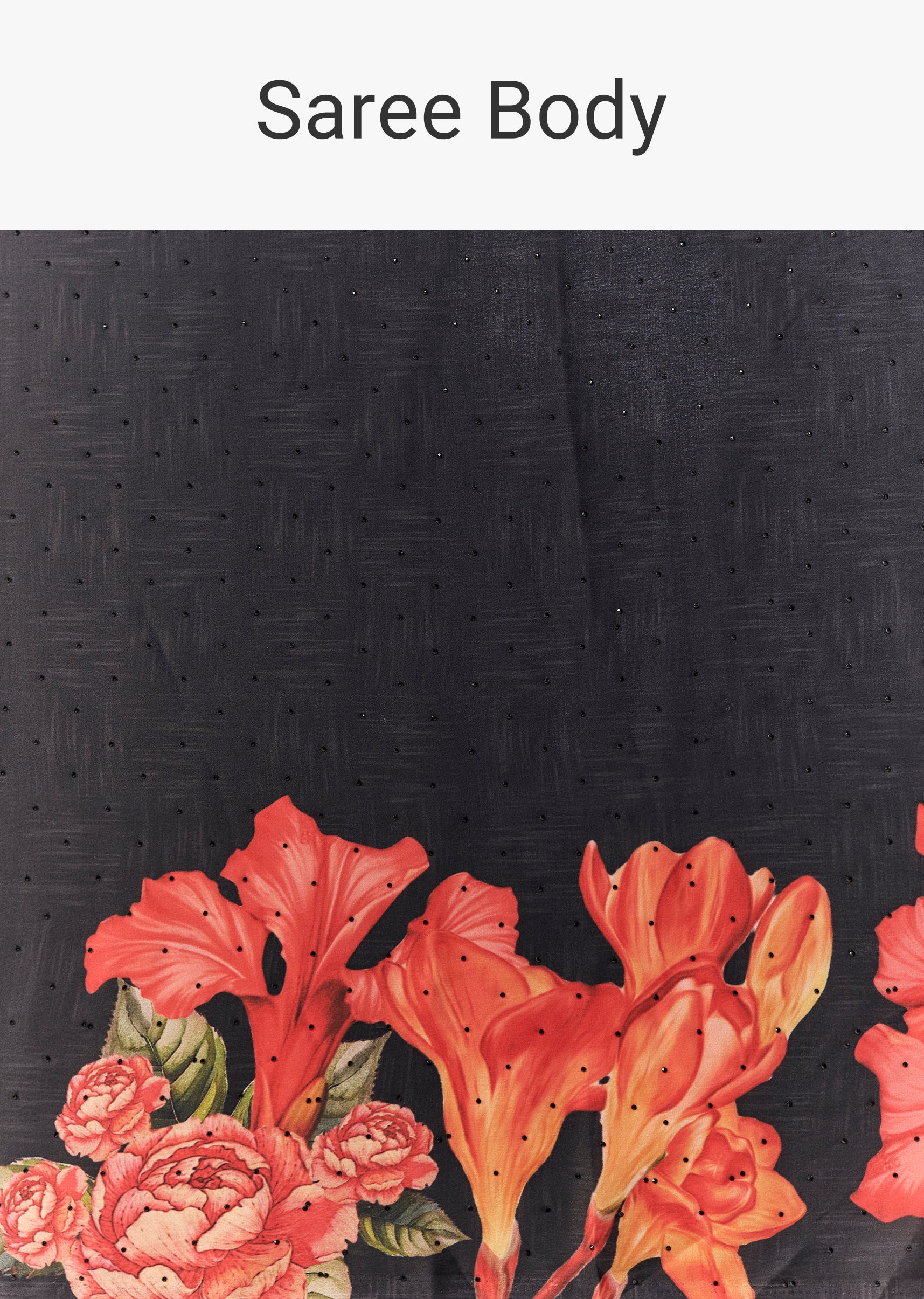 Black Satin Floral Printed Saree with Blouse Fabric - Image 9