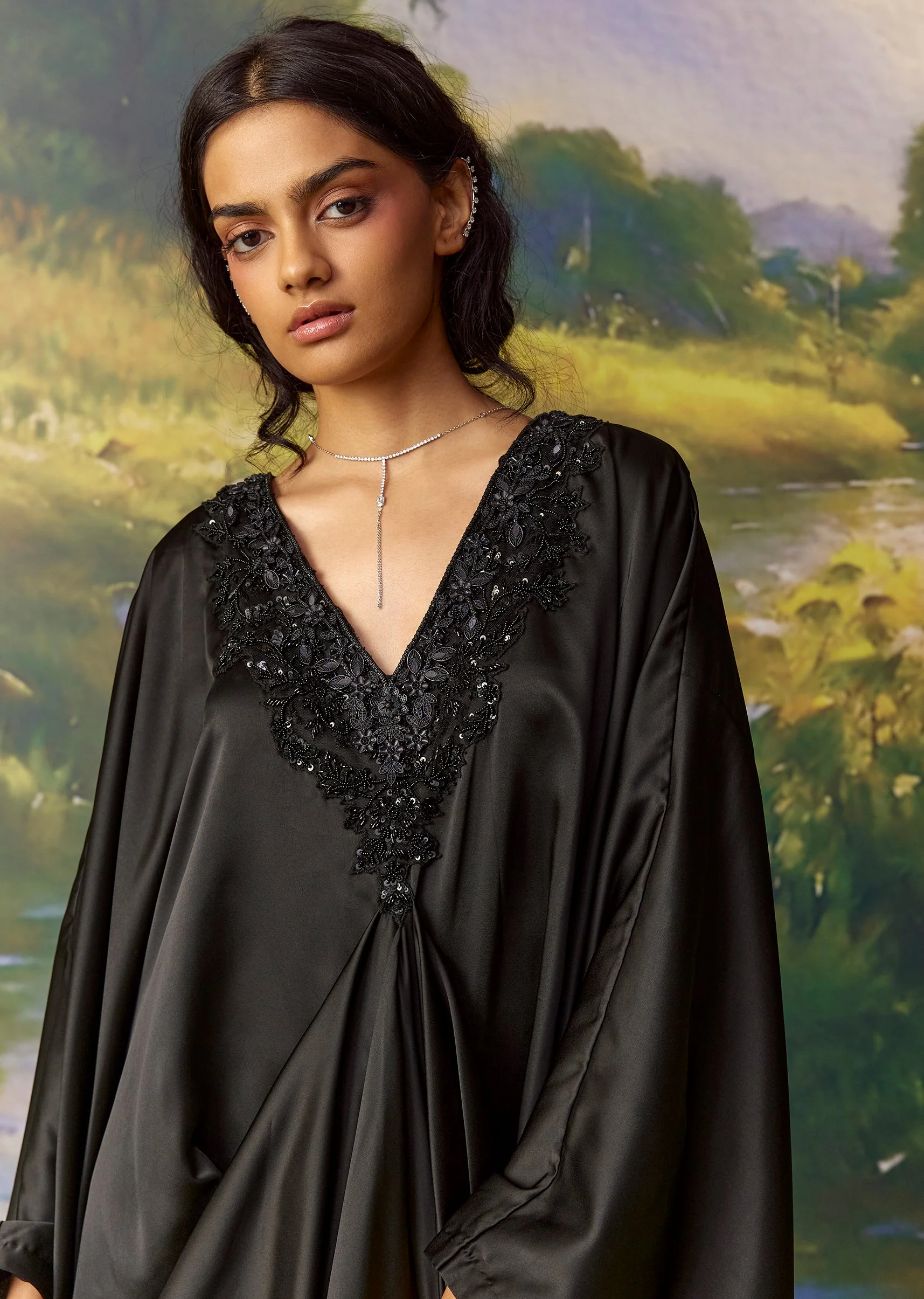 Black Satin Metal Embellished Kaftan - Image 3