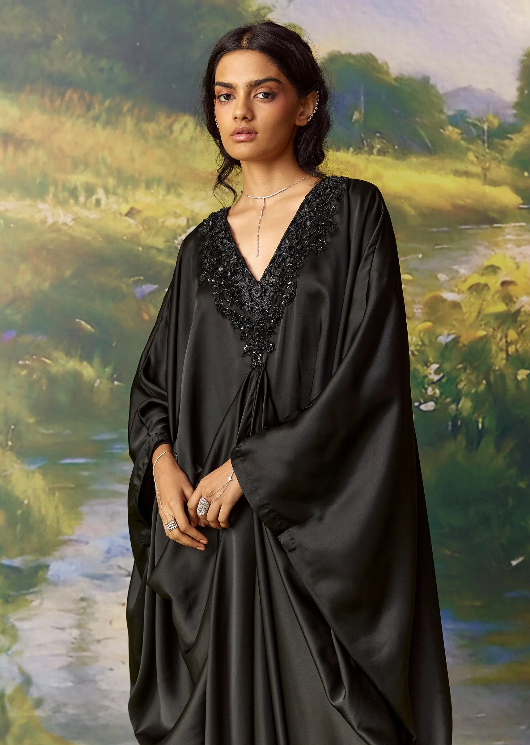 Black Satin Metal Embellished Kaftan - Image 5
