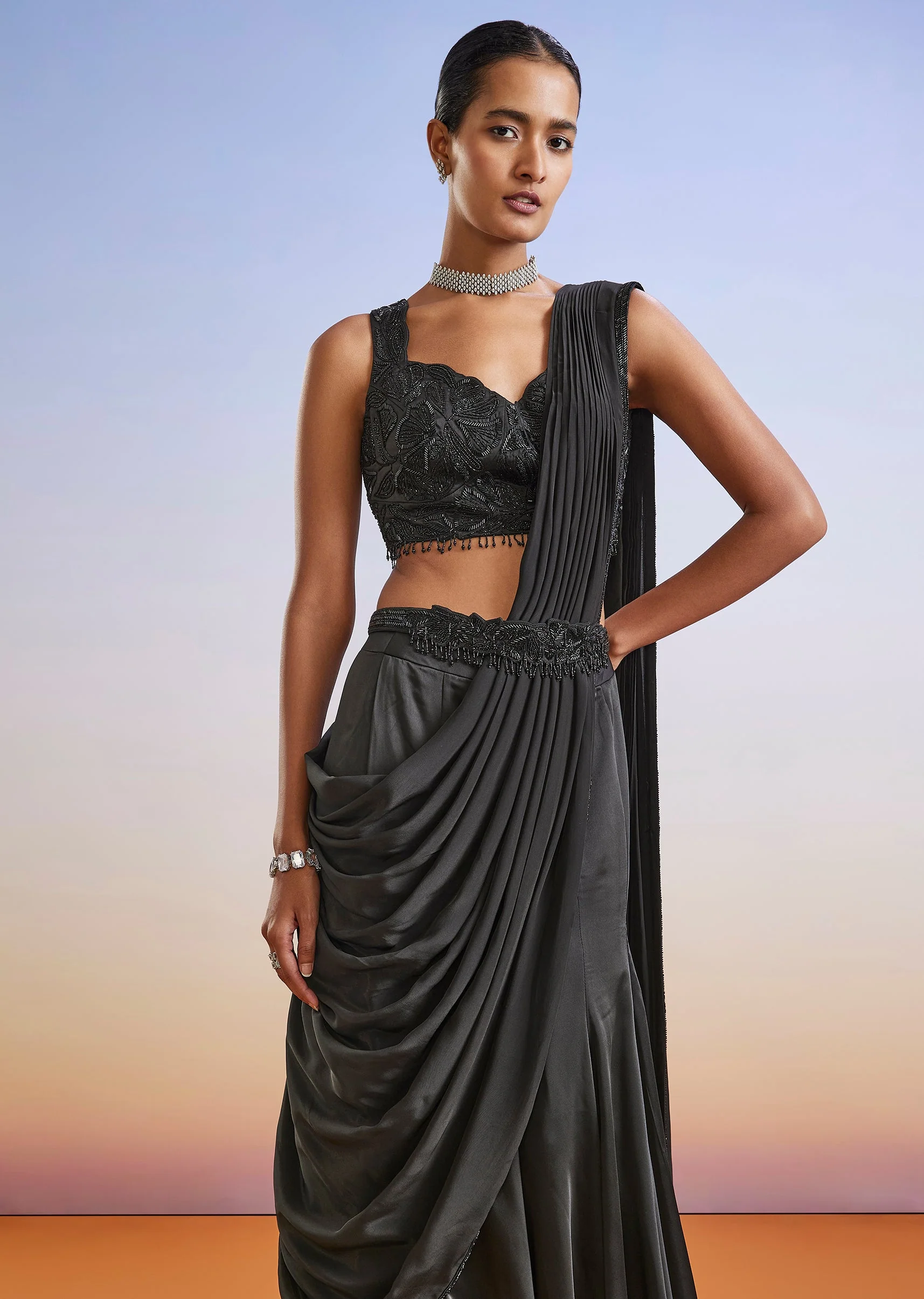 Black Satin Ready Pleated Saree With Embroidered Blouse And Belt - Image 4