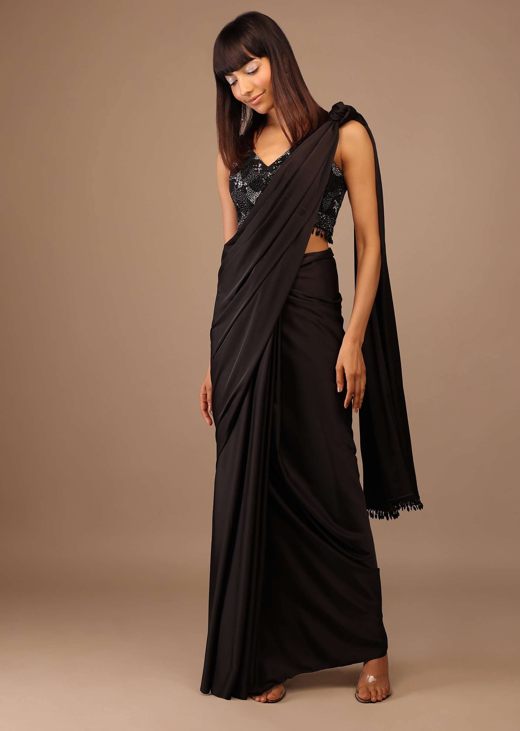Black Satin Saree With Hand Embroidered Blouse With Fringes On The Hem - Image 4