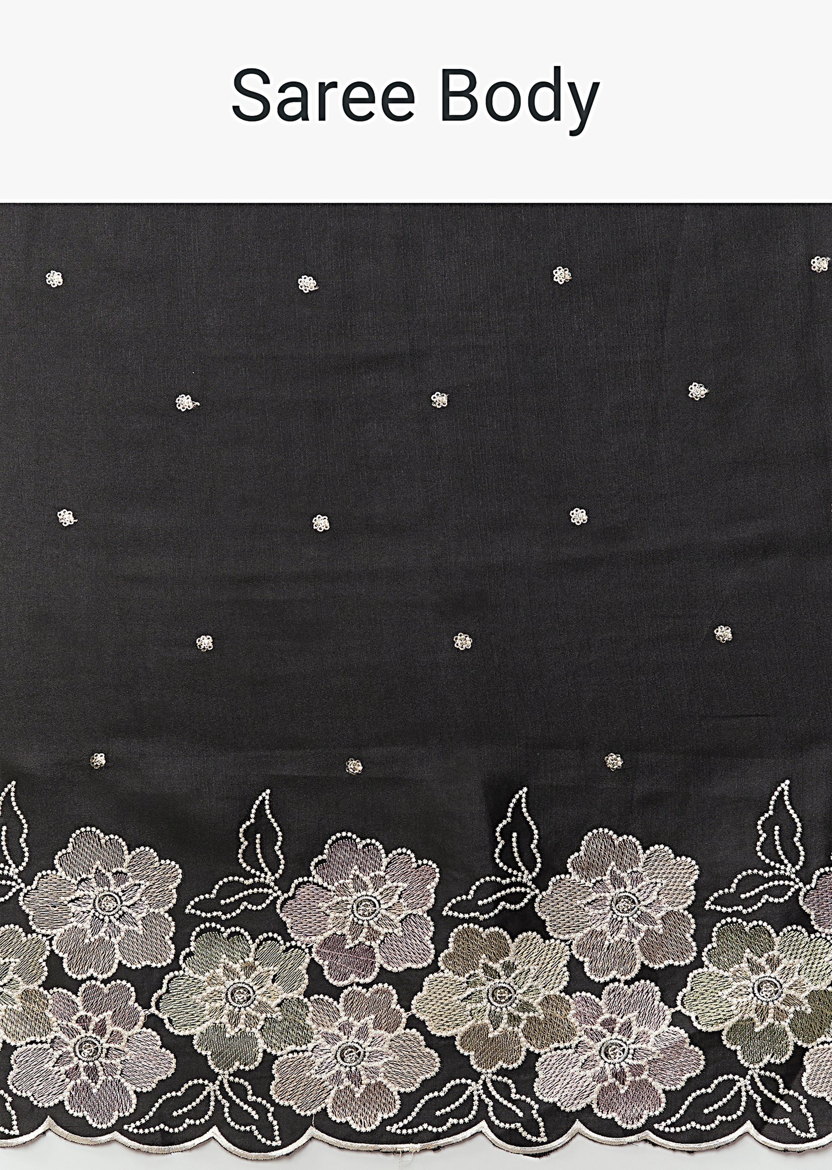 Black Satin Saree With Resham Thread Floral Embroidery - Image 9