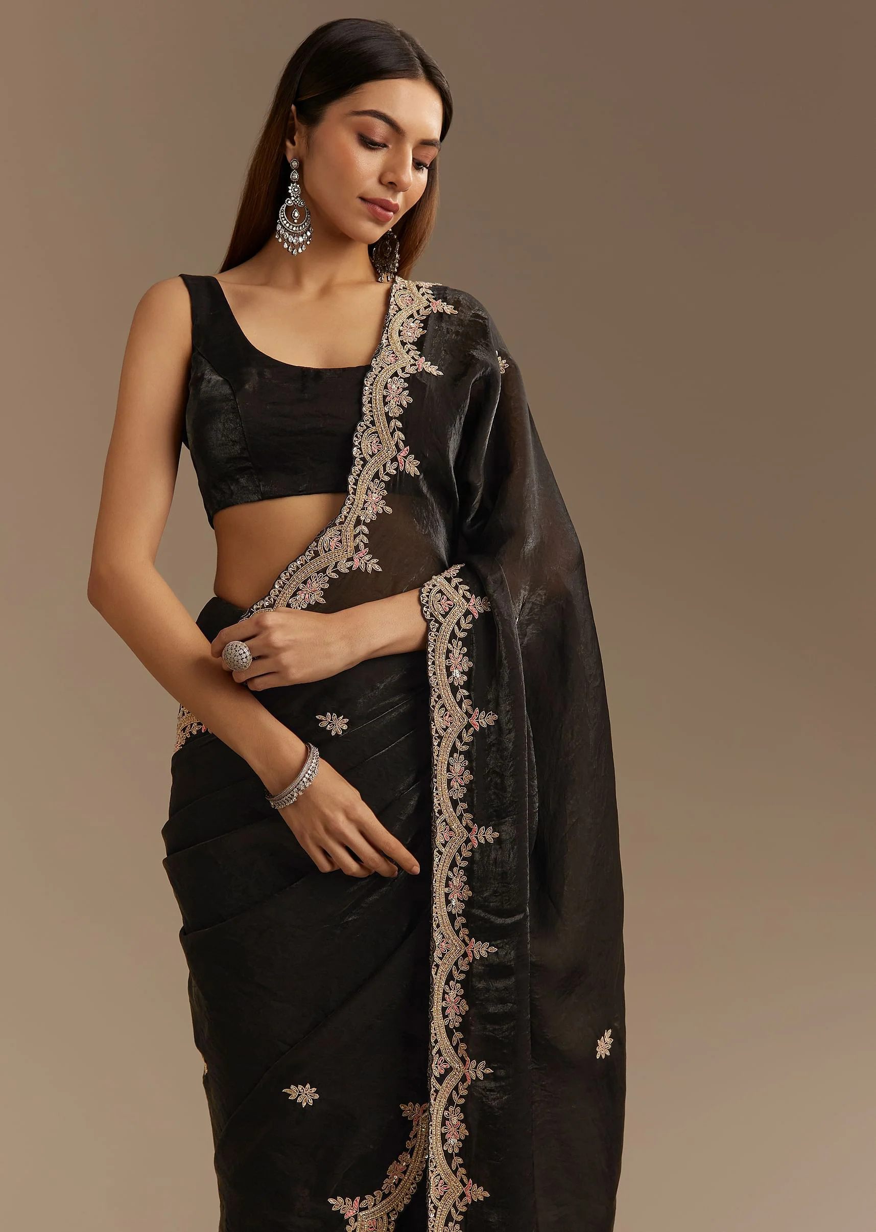 Black Satin Saree With Zardosi Sequins And Scallop Border - Image 2