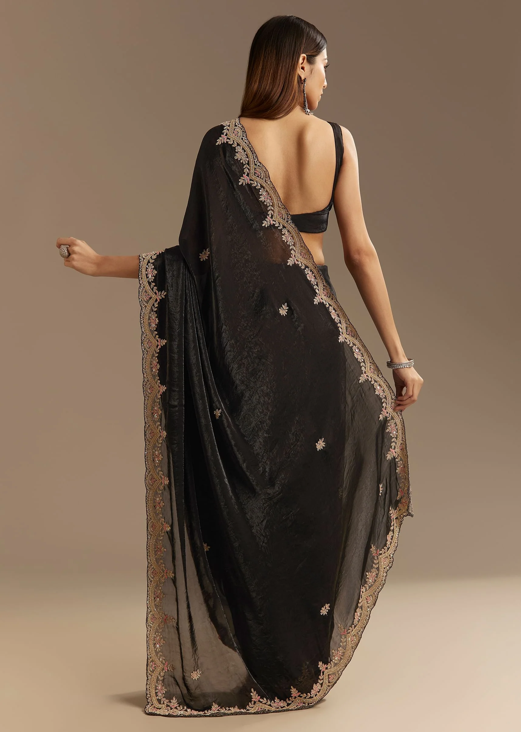 Black Satin Saree With Zardosi Sequins And Scallop Border - Image 4