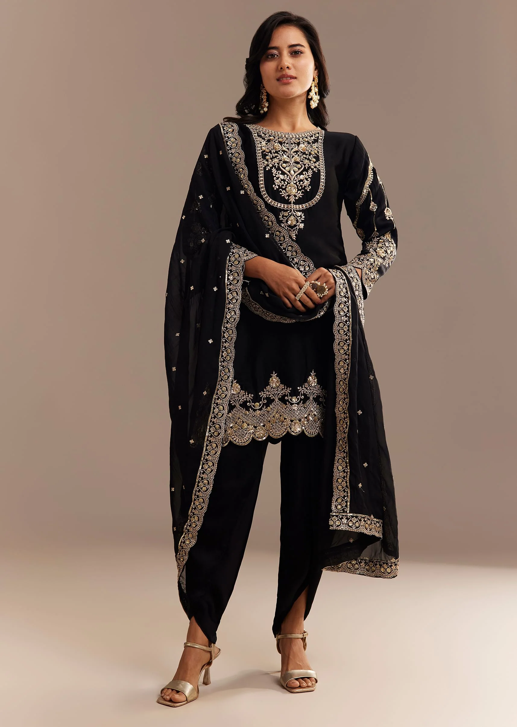 Black Satin Zari Embroidered Dhoti Kurta Set - Image 3