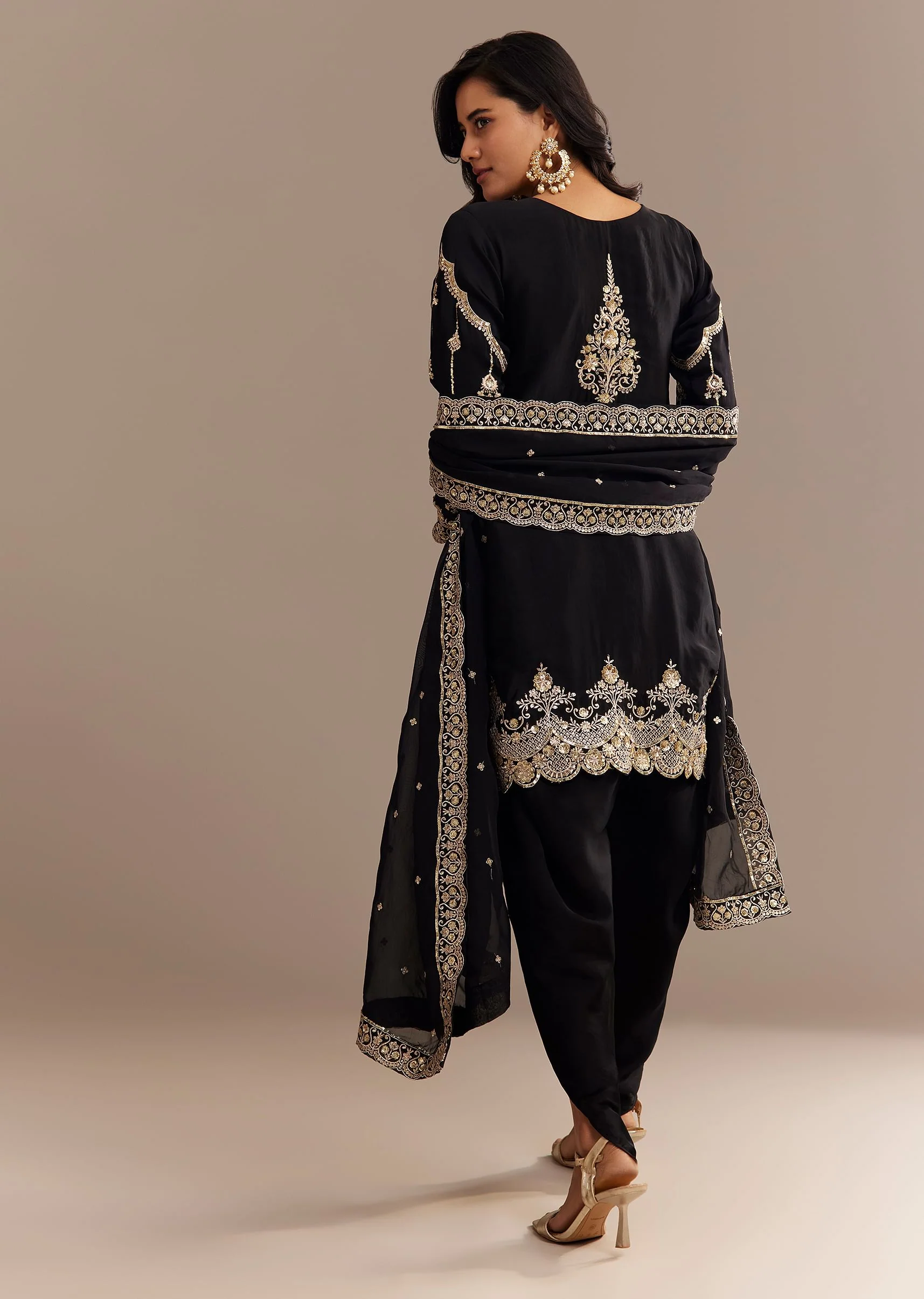 Black Satin Zari Embroidered Dhoti Kurta Set - Image 5
