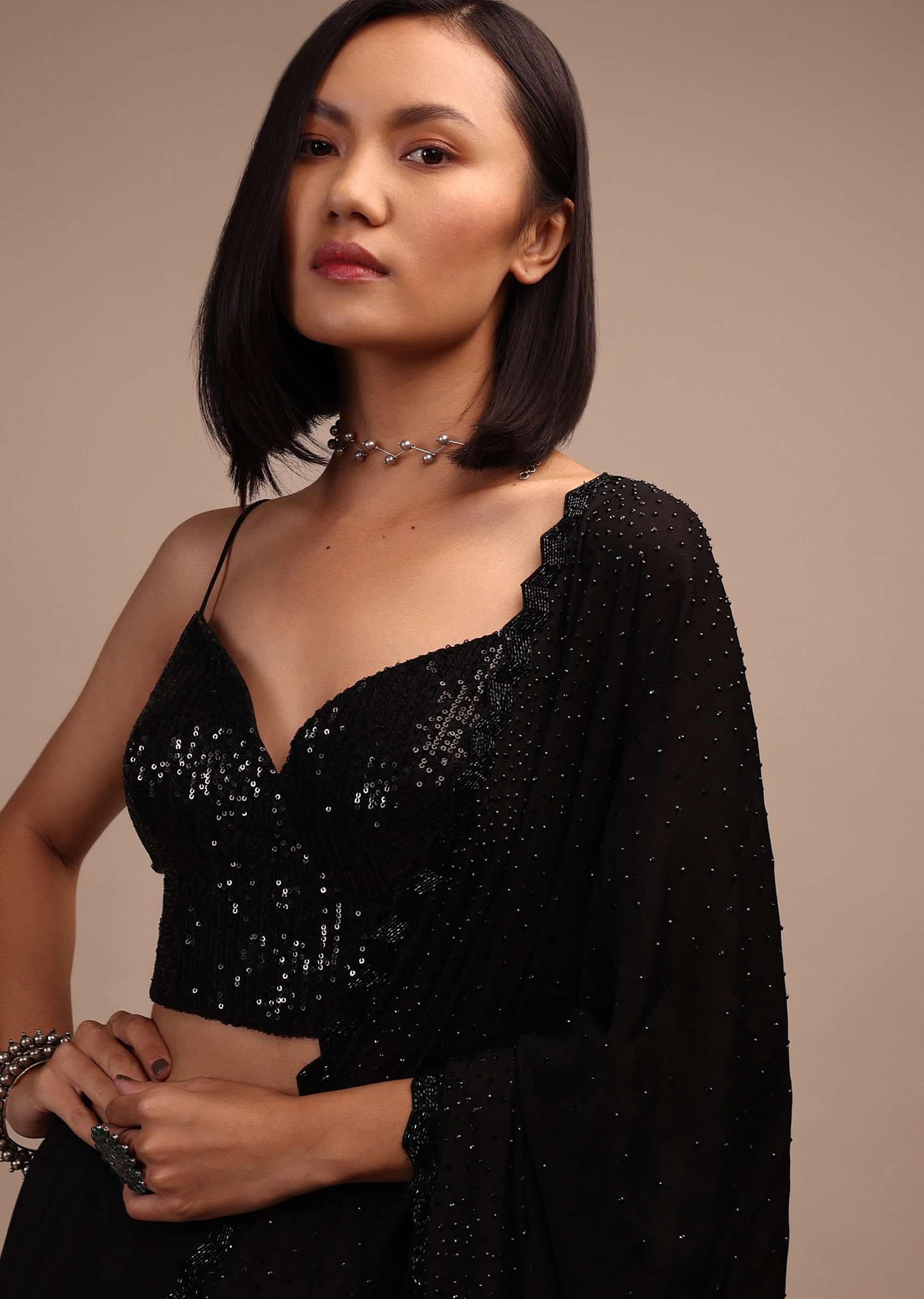 Black Sequin Spaghetti Strap Blouse In A Sweetheart Neckline Straight Hemline With Side Zip Closure - Image 3