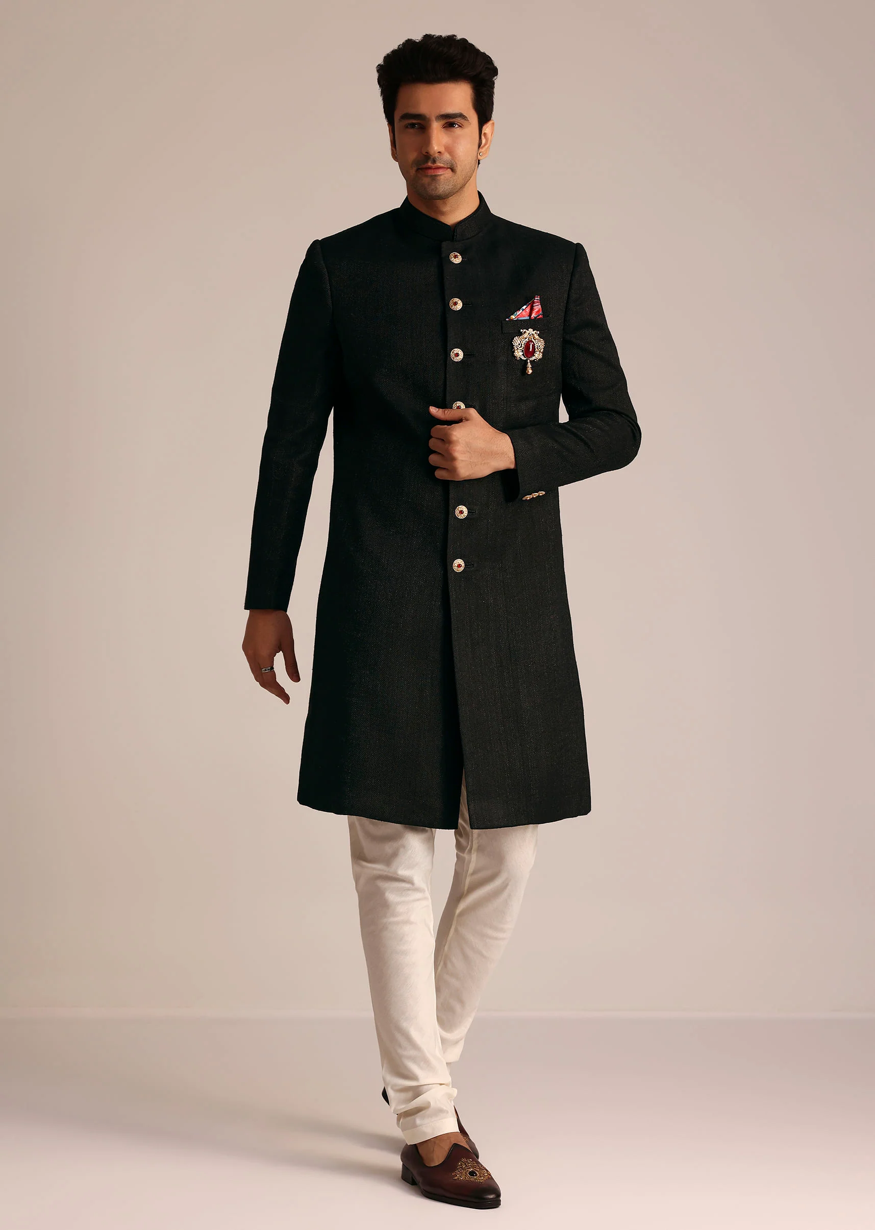 Black Sherwani Set With Contrasting Bottom - Image 2