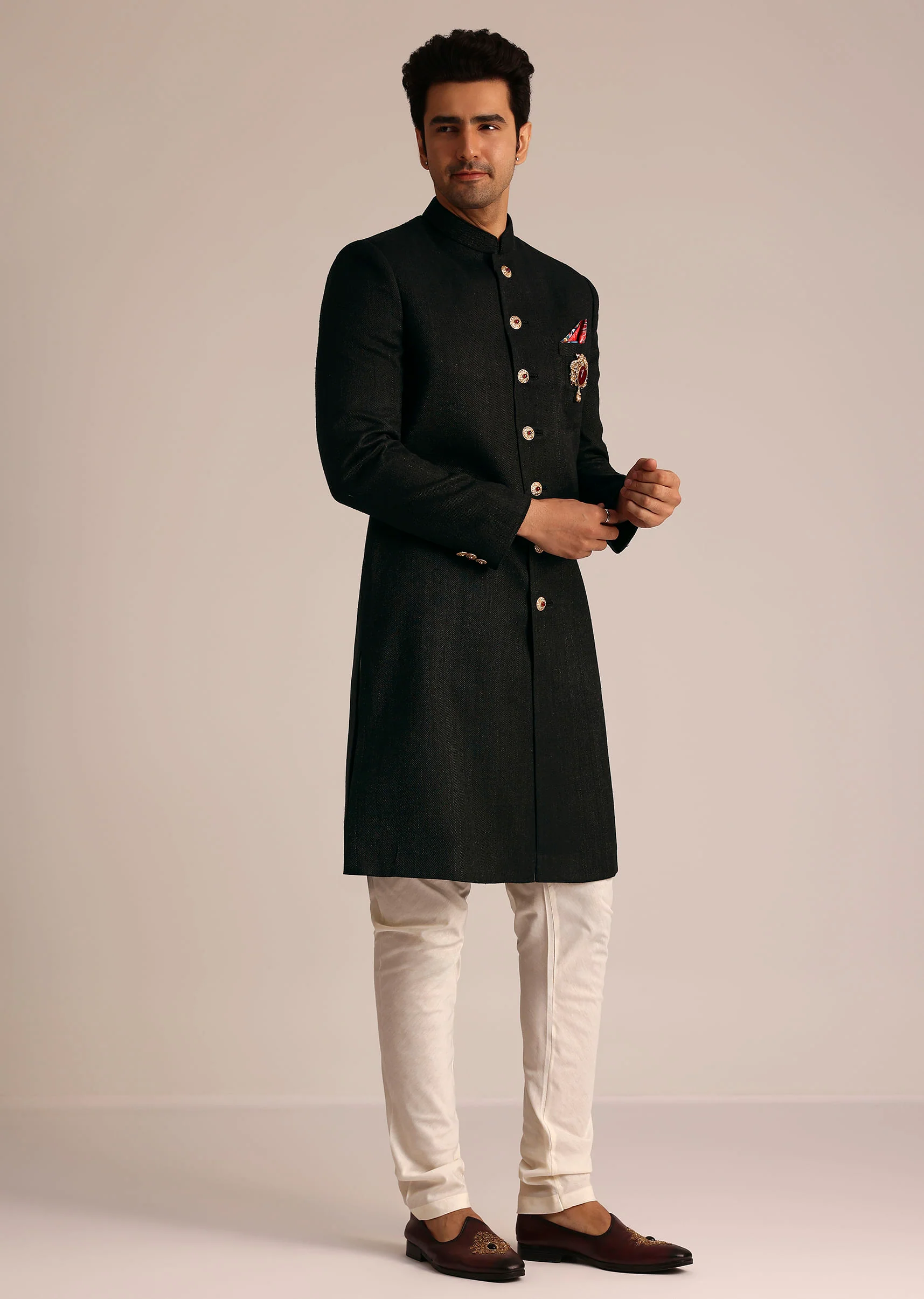 Black Sherwani Set With Contrasting Bottom - Image 4