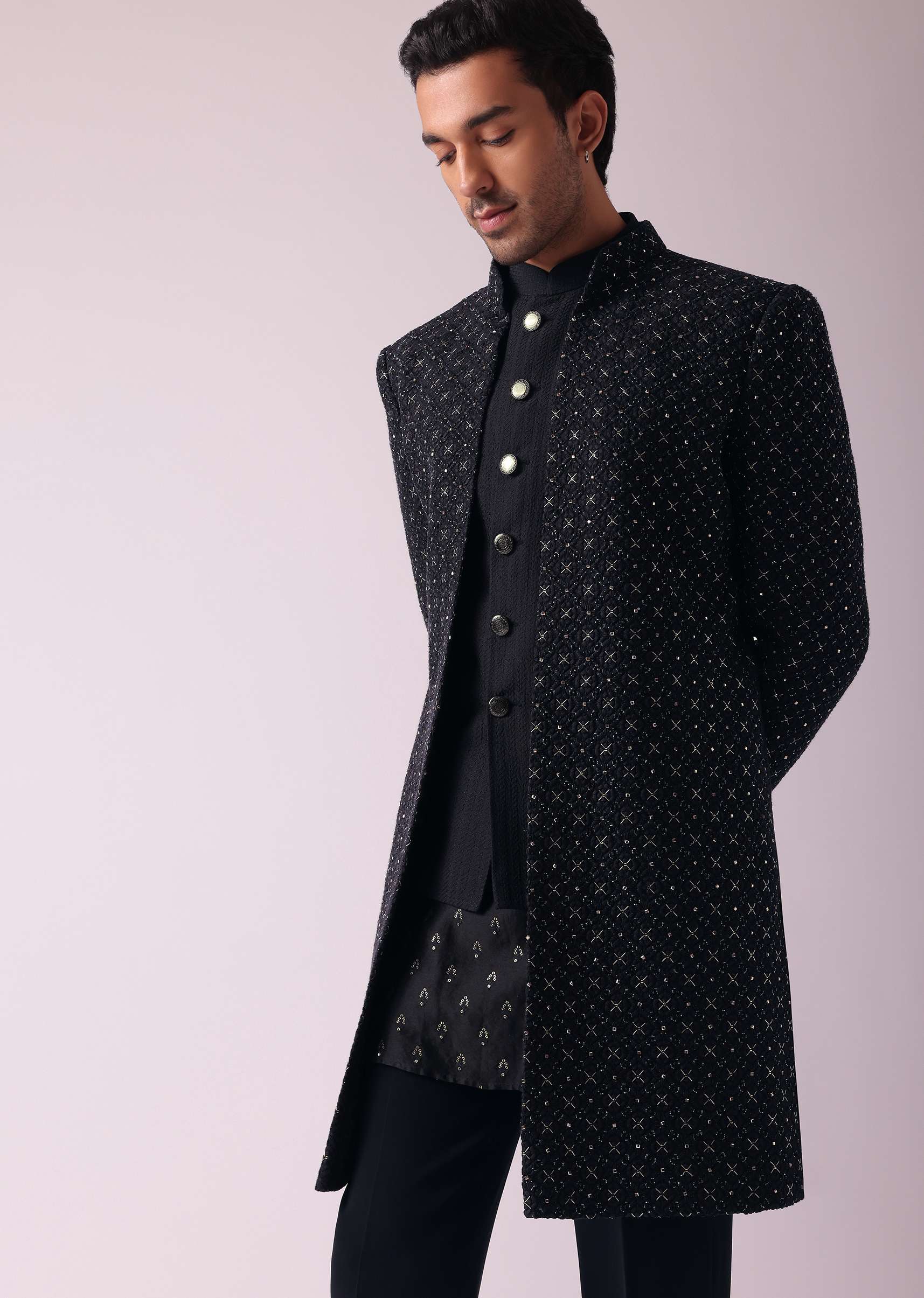 Black Shimmery Indowestern With Cut Work - Image 3