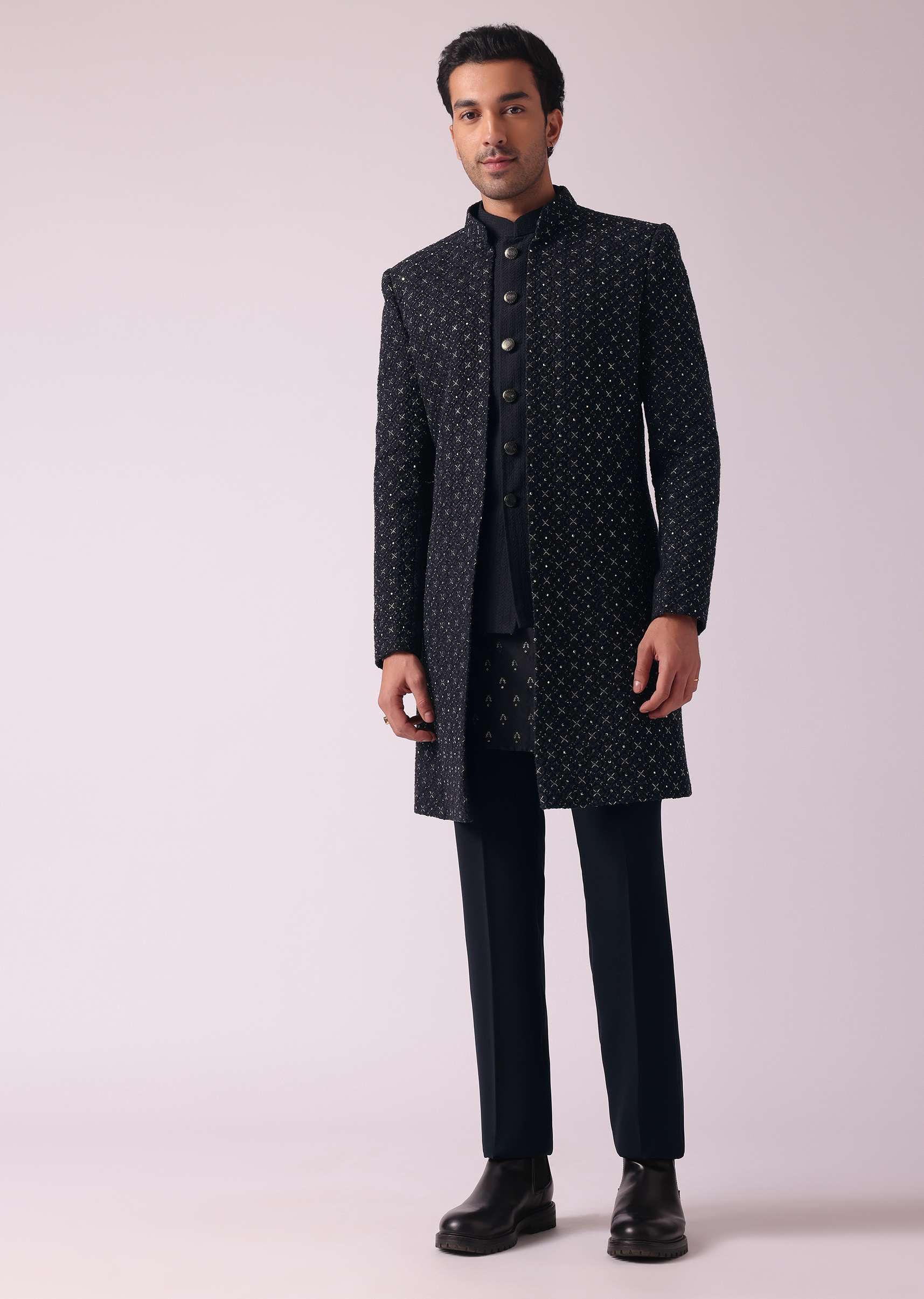 Black Shimmery Indowestern With Cut Work - Image 4