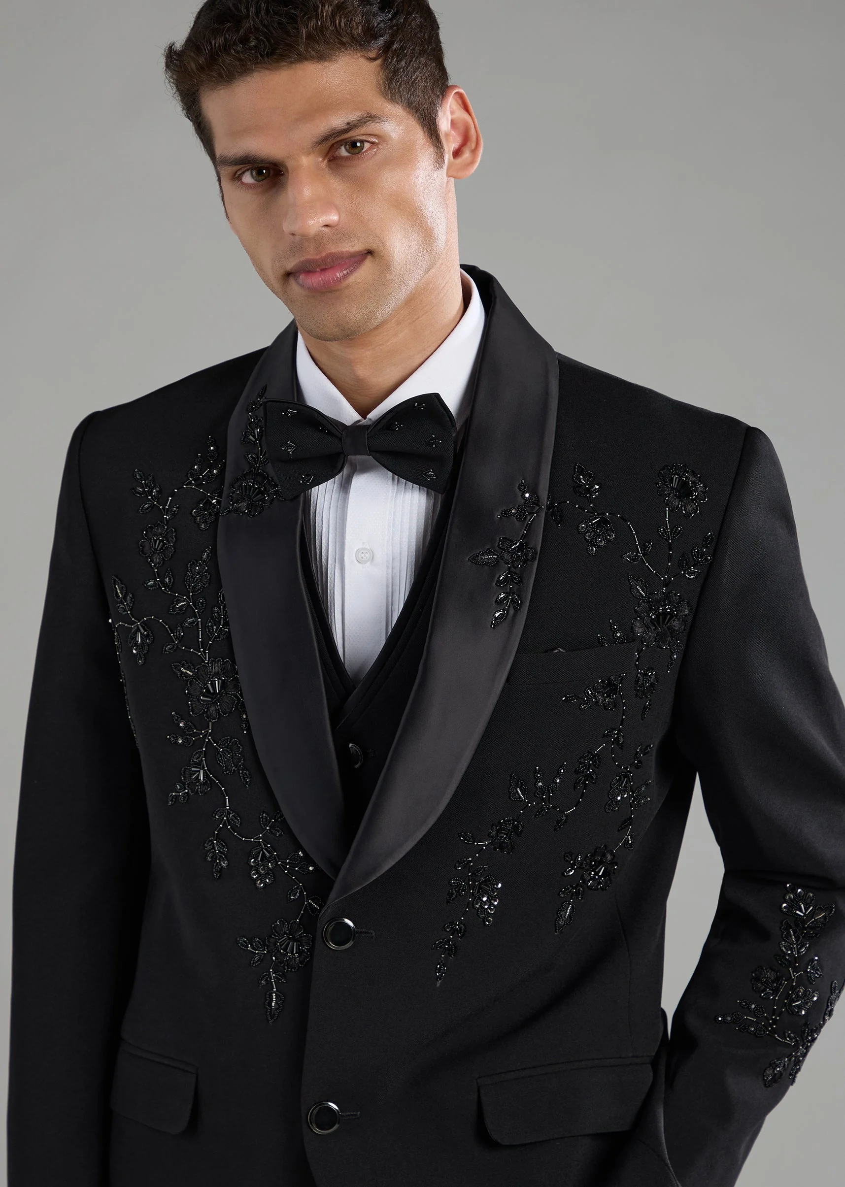 Black Silk Cutdana Embellished Tuxedo Set with Bow Tie