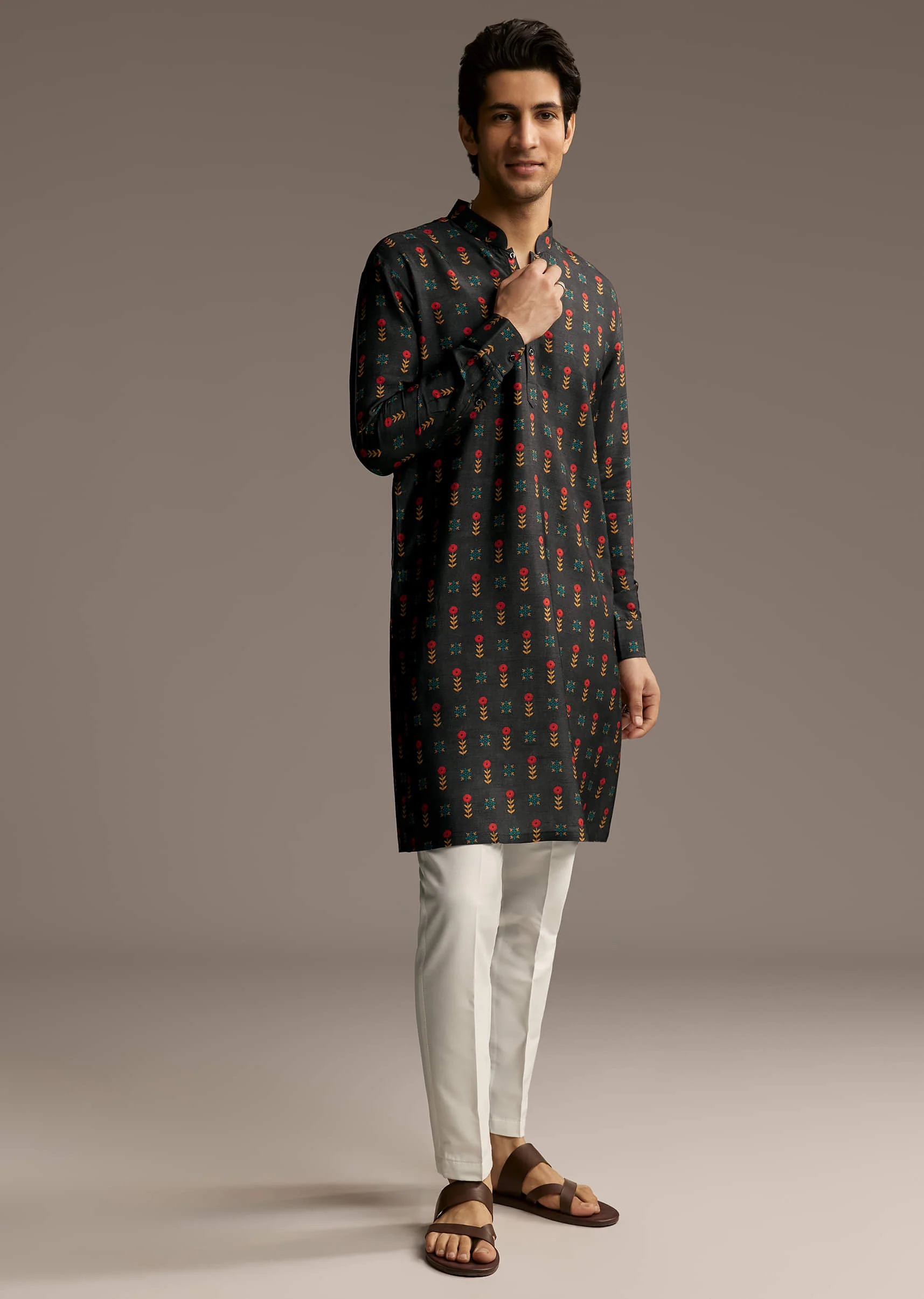 Black Silk Designer Kurta For Men With Buta Print - Image 2