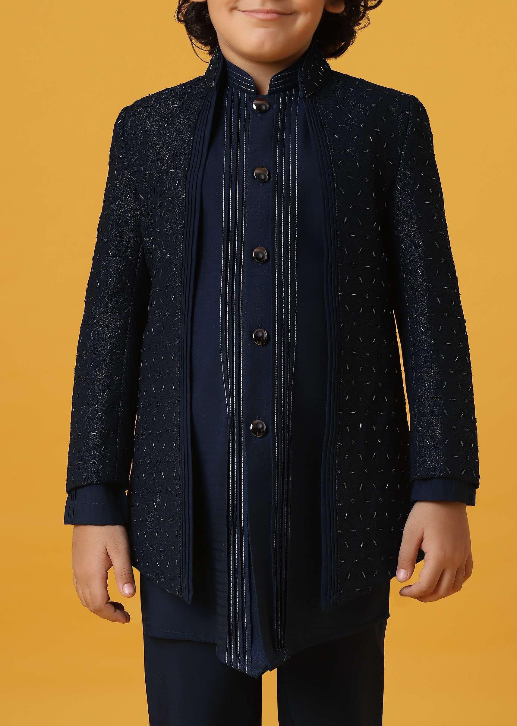 Black Silk Embroidered Sherwani Set for Boys - Image 5