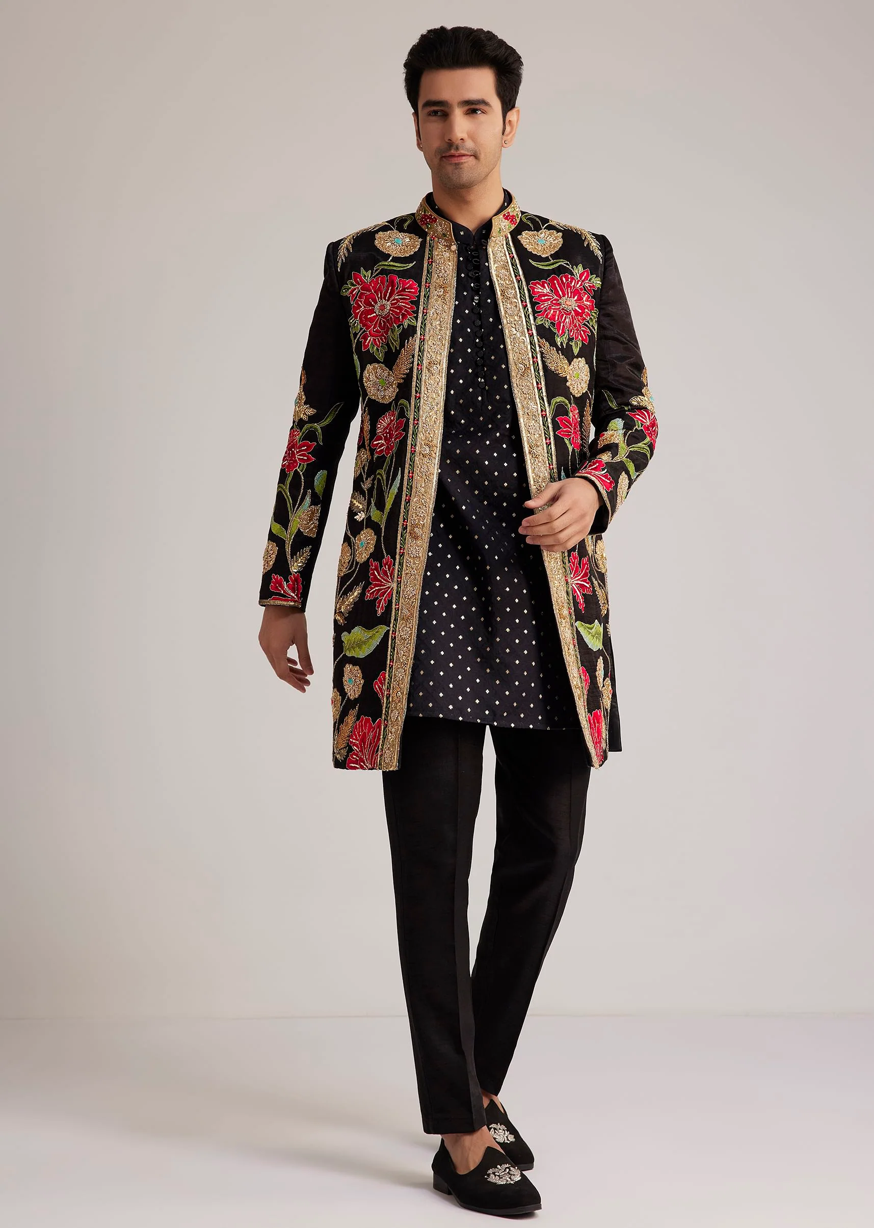 Black Silk Floral Hand Embroidered Indowestern Jacket Set - Image 2