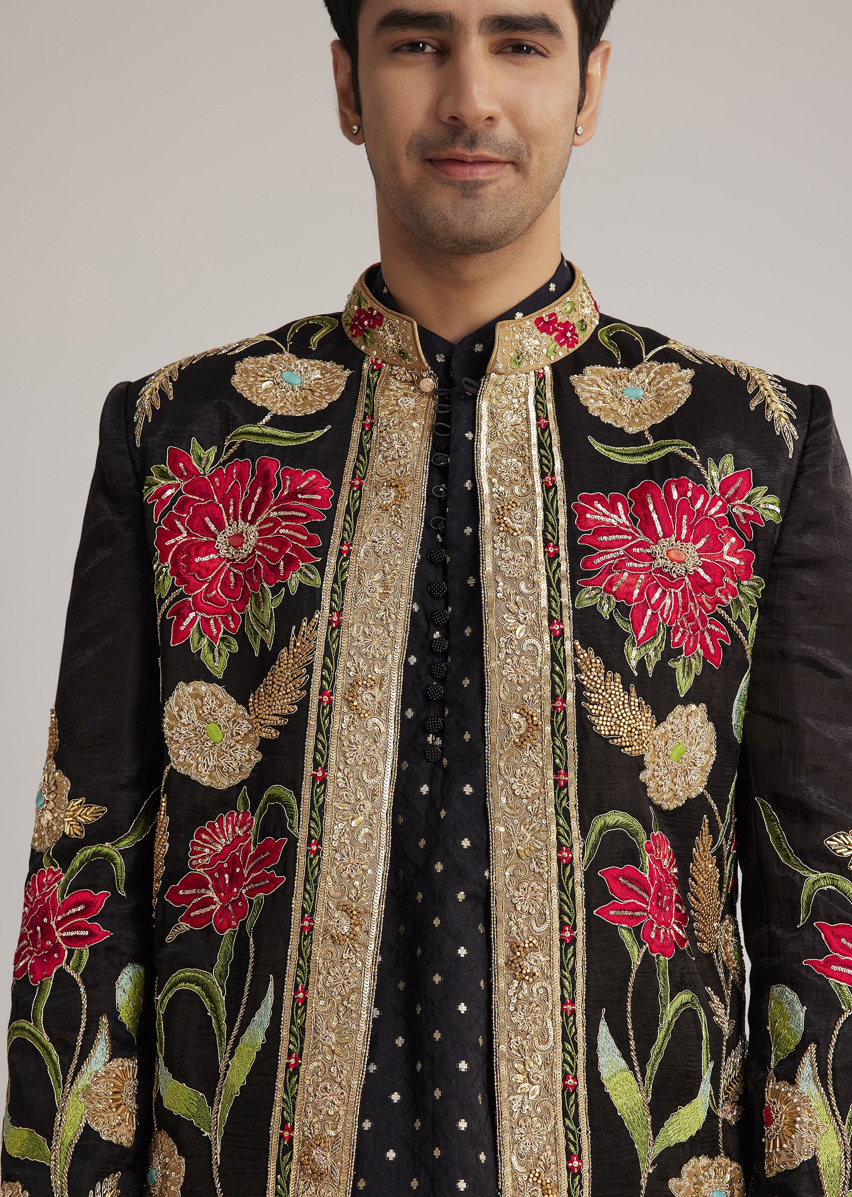 Black Silk Floral Hand Embroidered Indowestern Jacket Set - Image 3