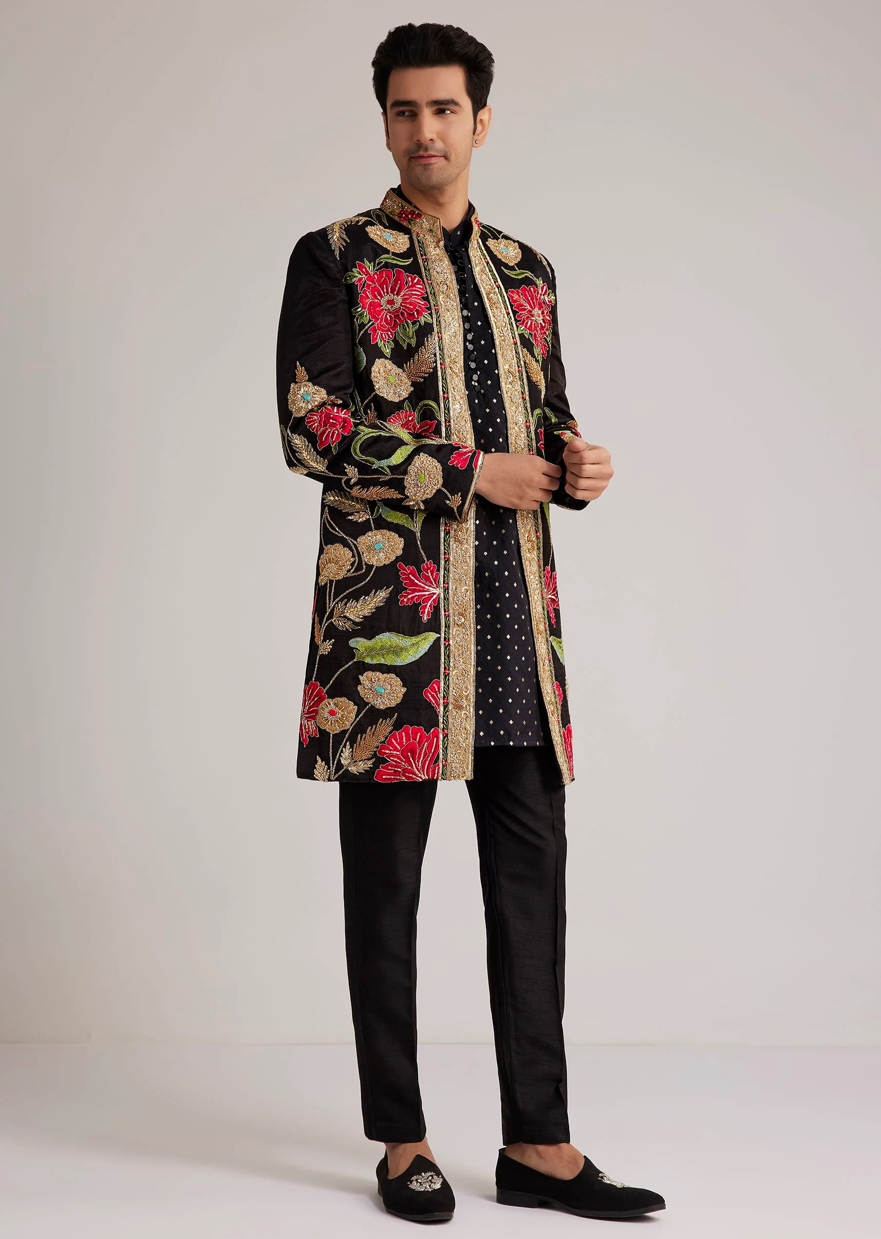 Black Silk Floral Hand Embroidered Indowestern Jacket Set - Image 4