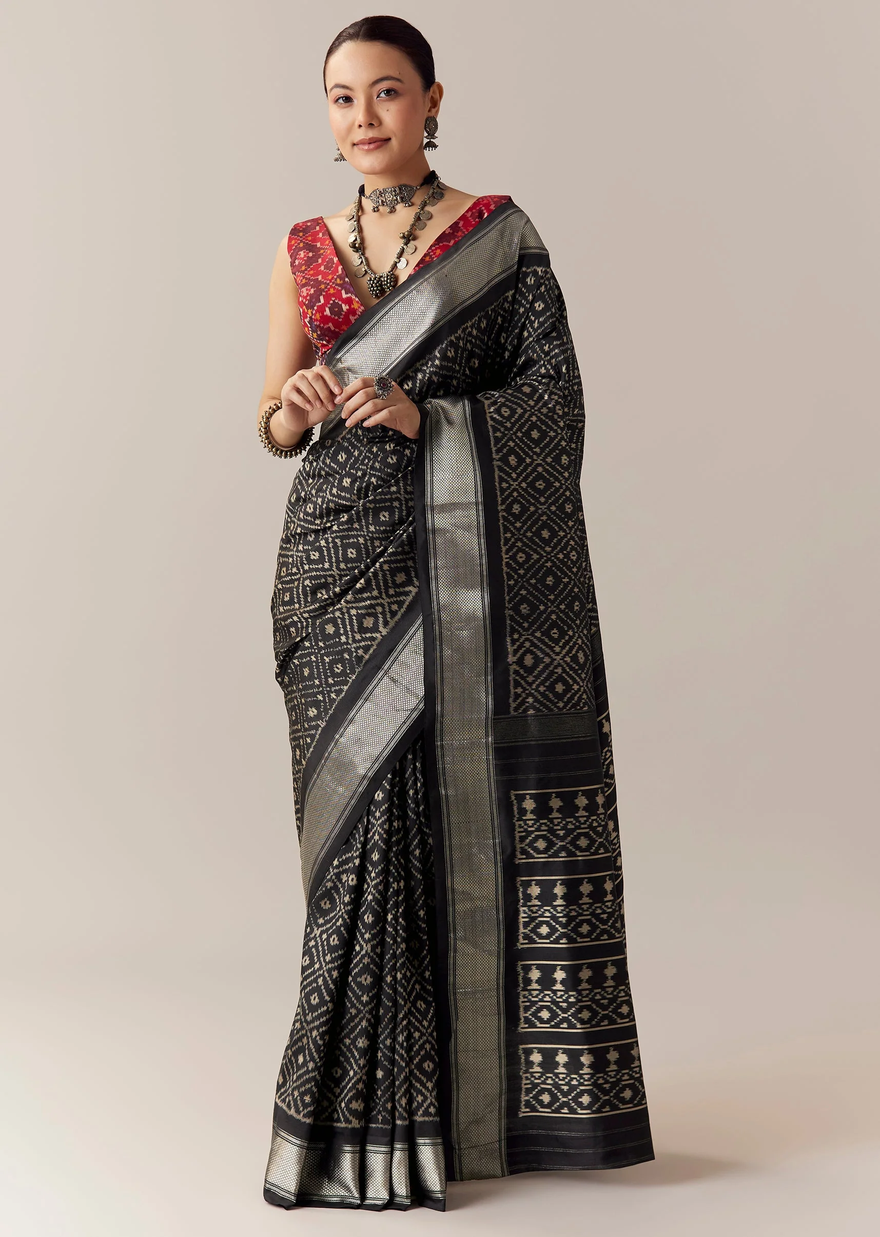 Black Silk Ikkat Weave Saree with Unstitched Blouse - Image 3