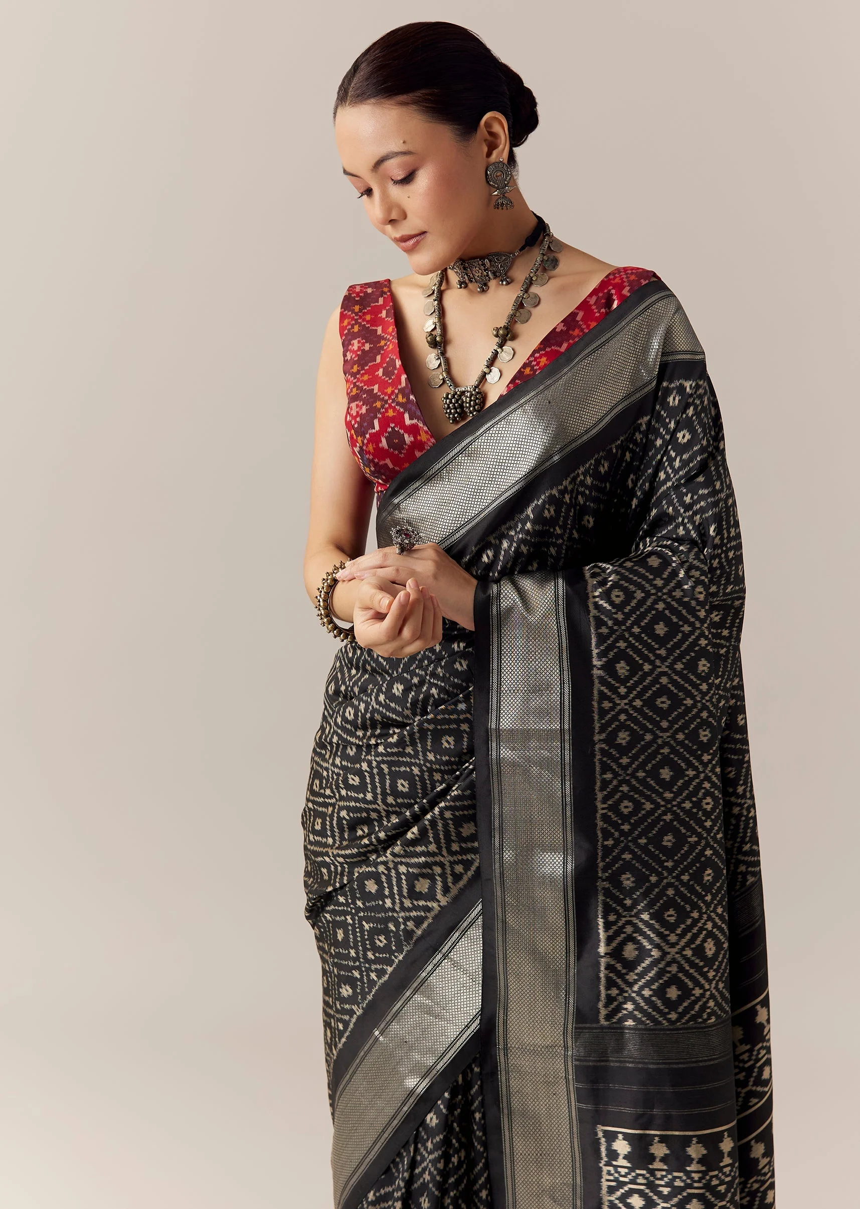 Black Silk Ikkat Weave Saree with Unstitched Blouse - Image 5
