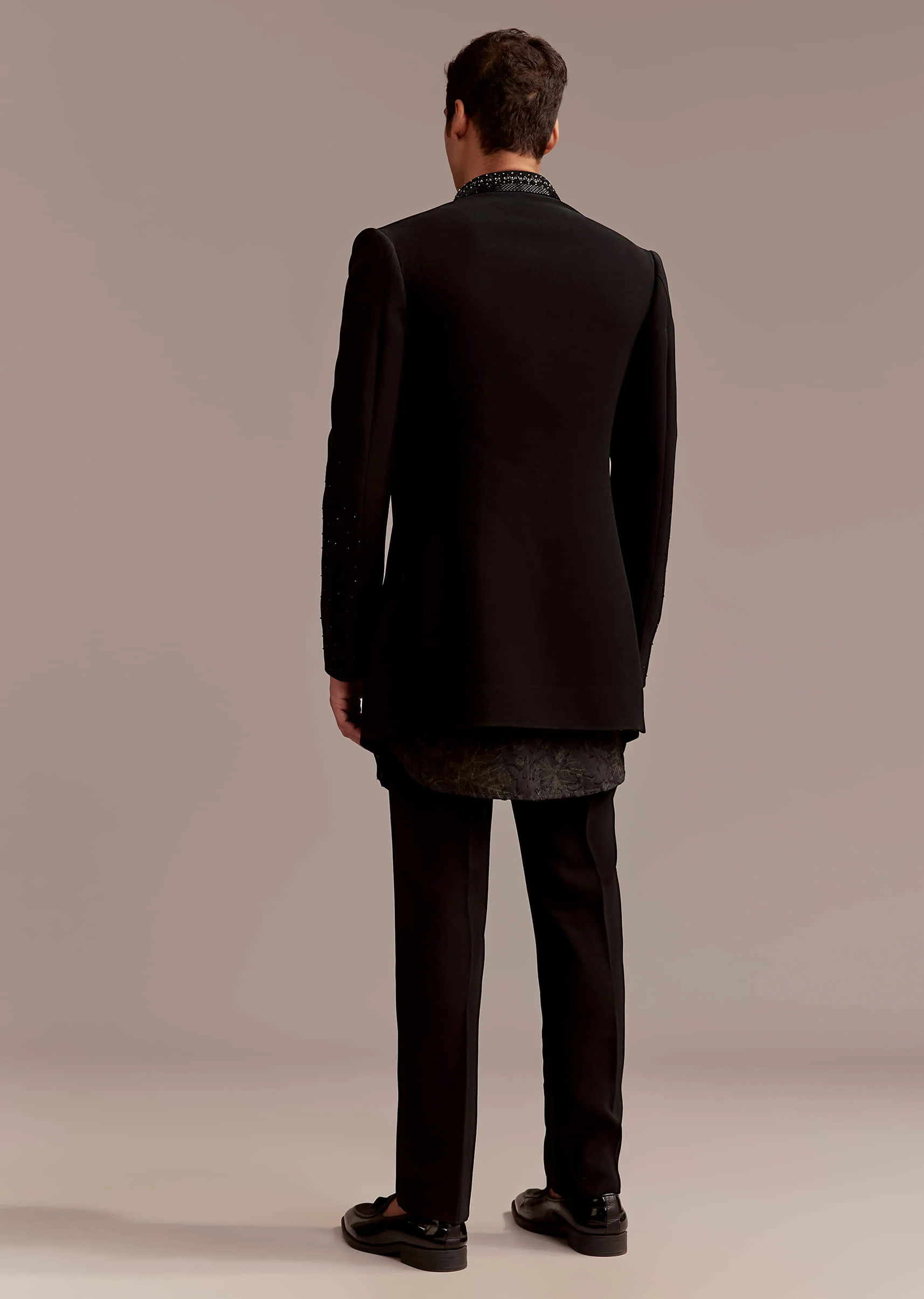 Black Silk Indo Western Set For Men With Intricate Leaf Embroidery - Image 6