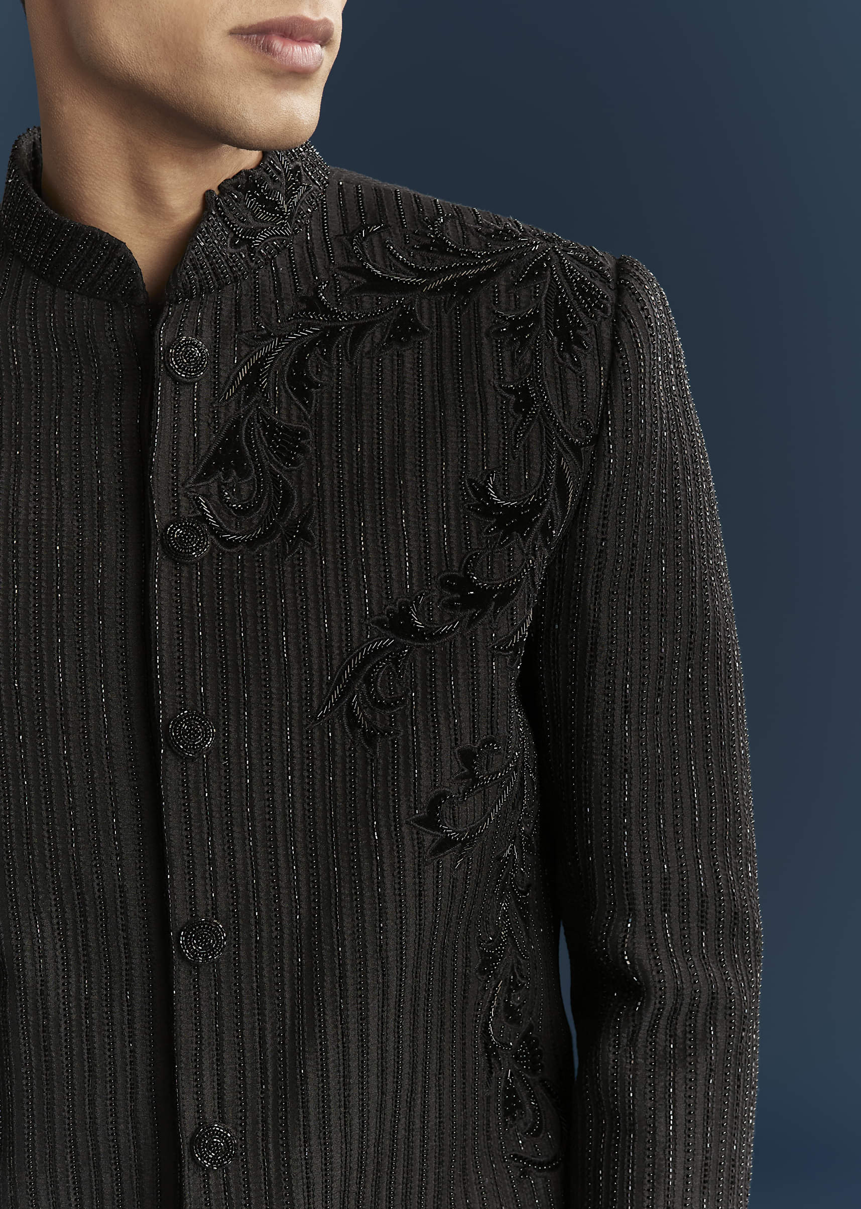 Black Silk Indo Western Set For Men With Patch Work And Embroidery - Image 2