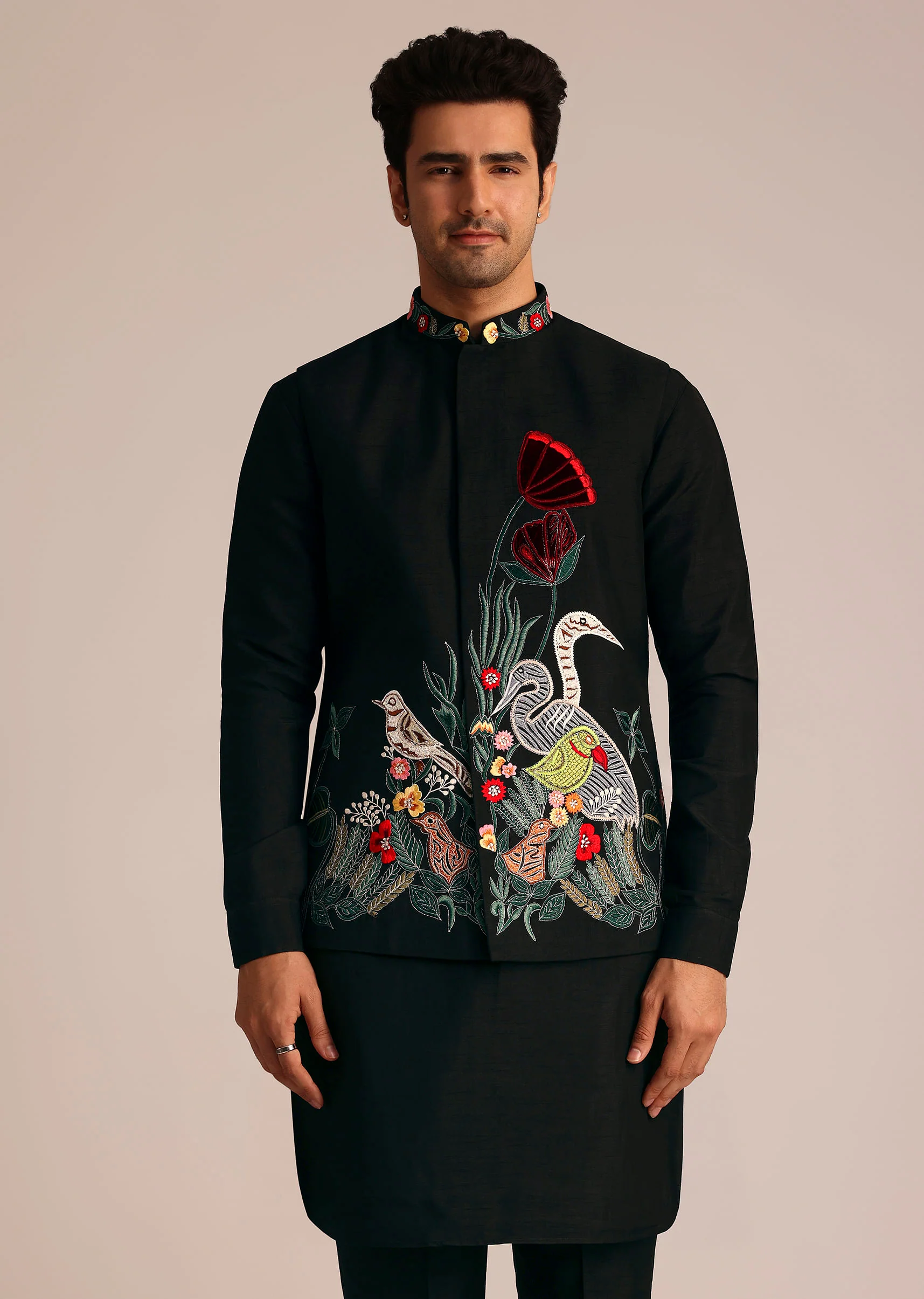 Black Silk Jacket Set With Resham Embroidery - Image 3