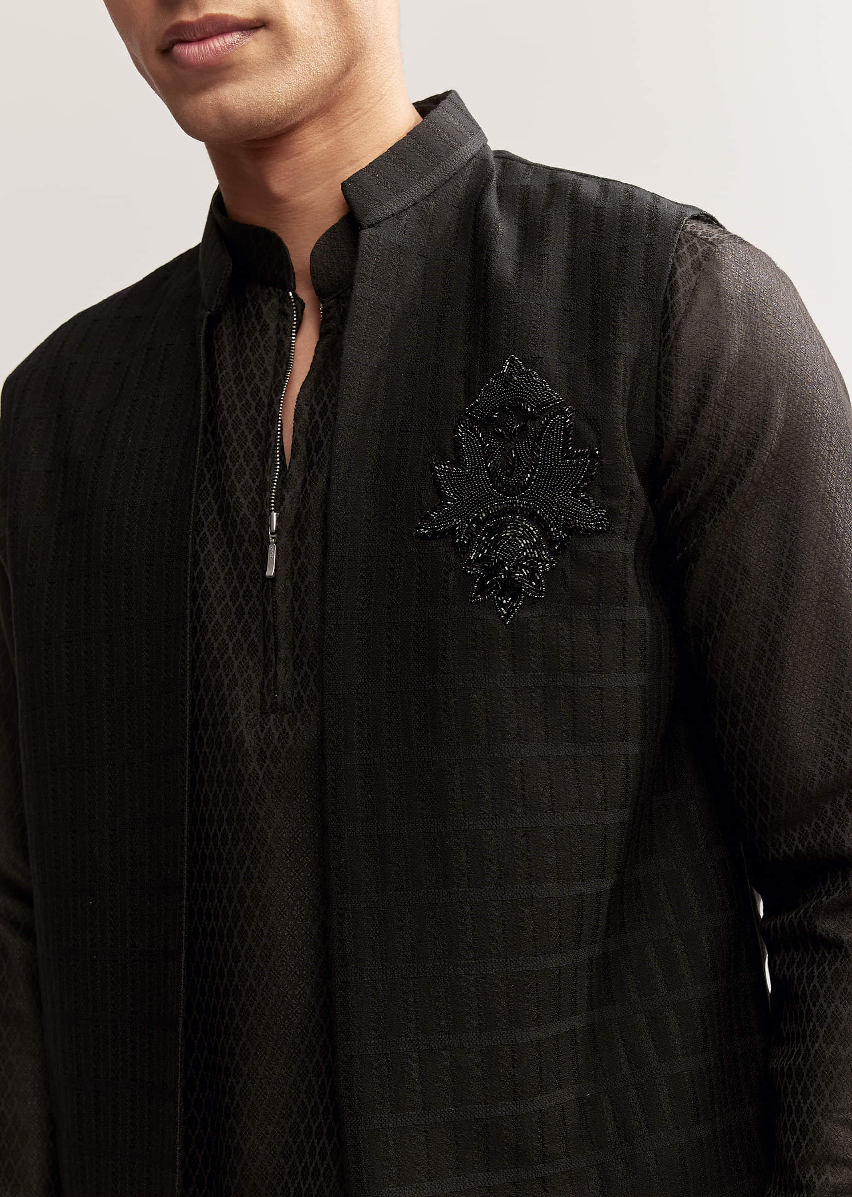 Black Silk Kurta Jacket Set For Men With Cutdana Embroidery - Image 2