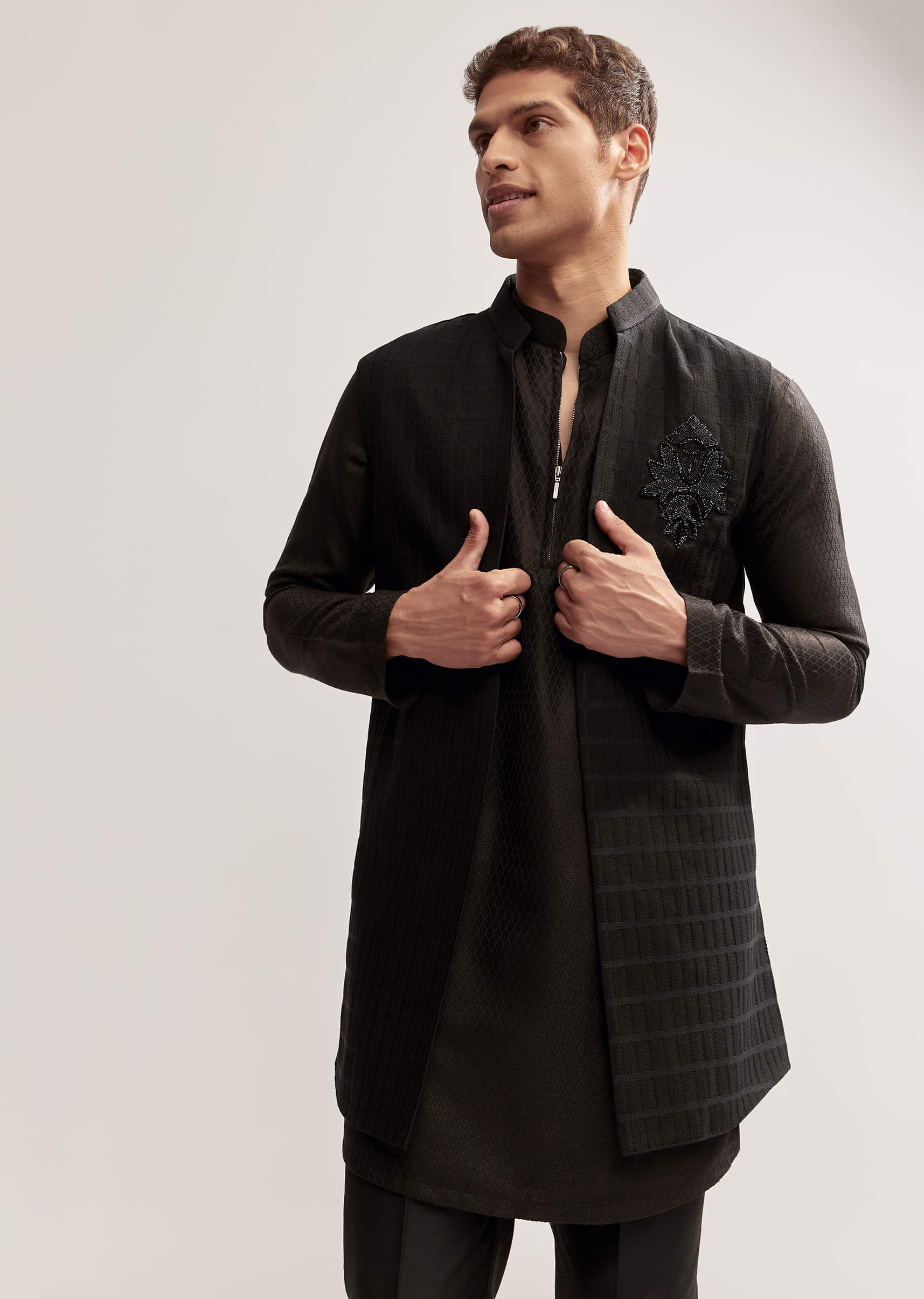 Black Silk Kurta Jacket Set For Men With Cutdana Embroidery - Image 4