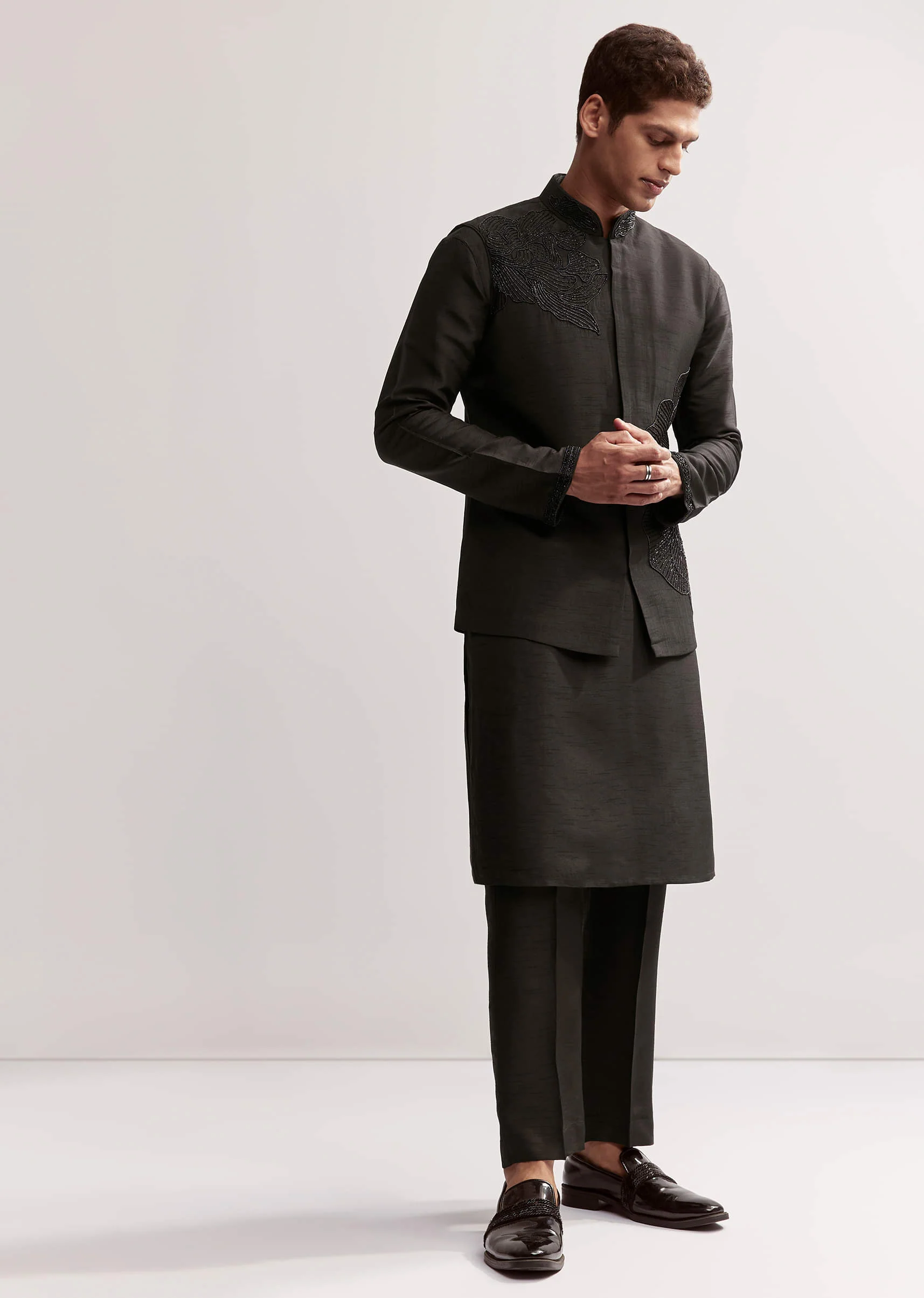 Black Silk Kurta Jacket Set For Men With Floral Cutdana Work - Image 2