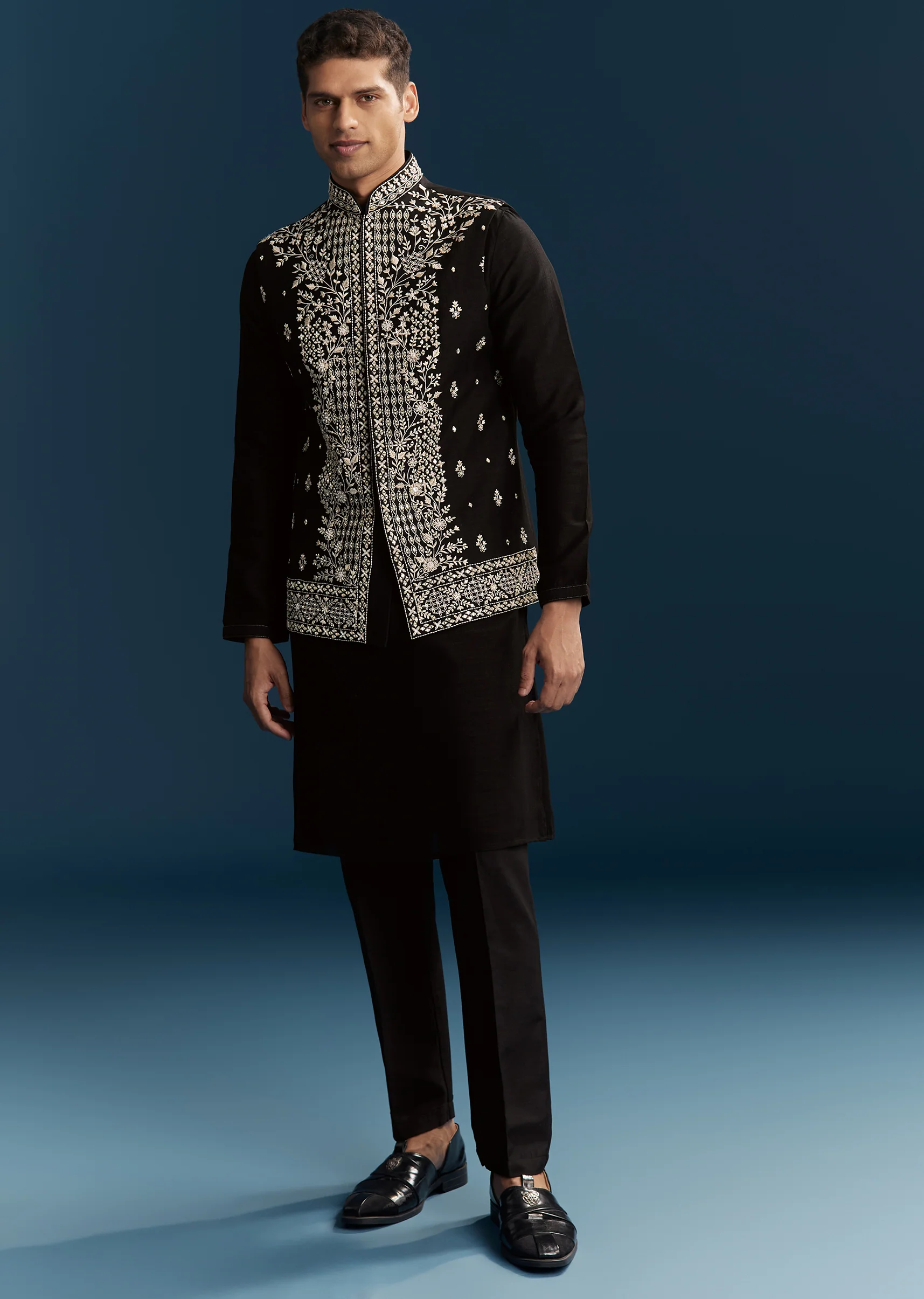 Black Silk Kurta Jacket Set For Men With Heavy Embroidery - Image 3