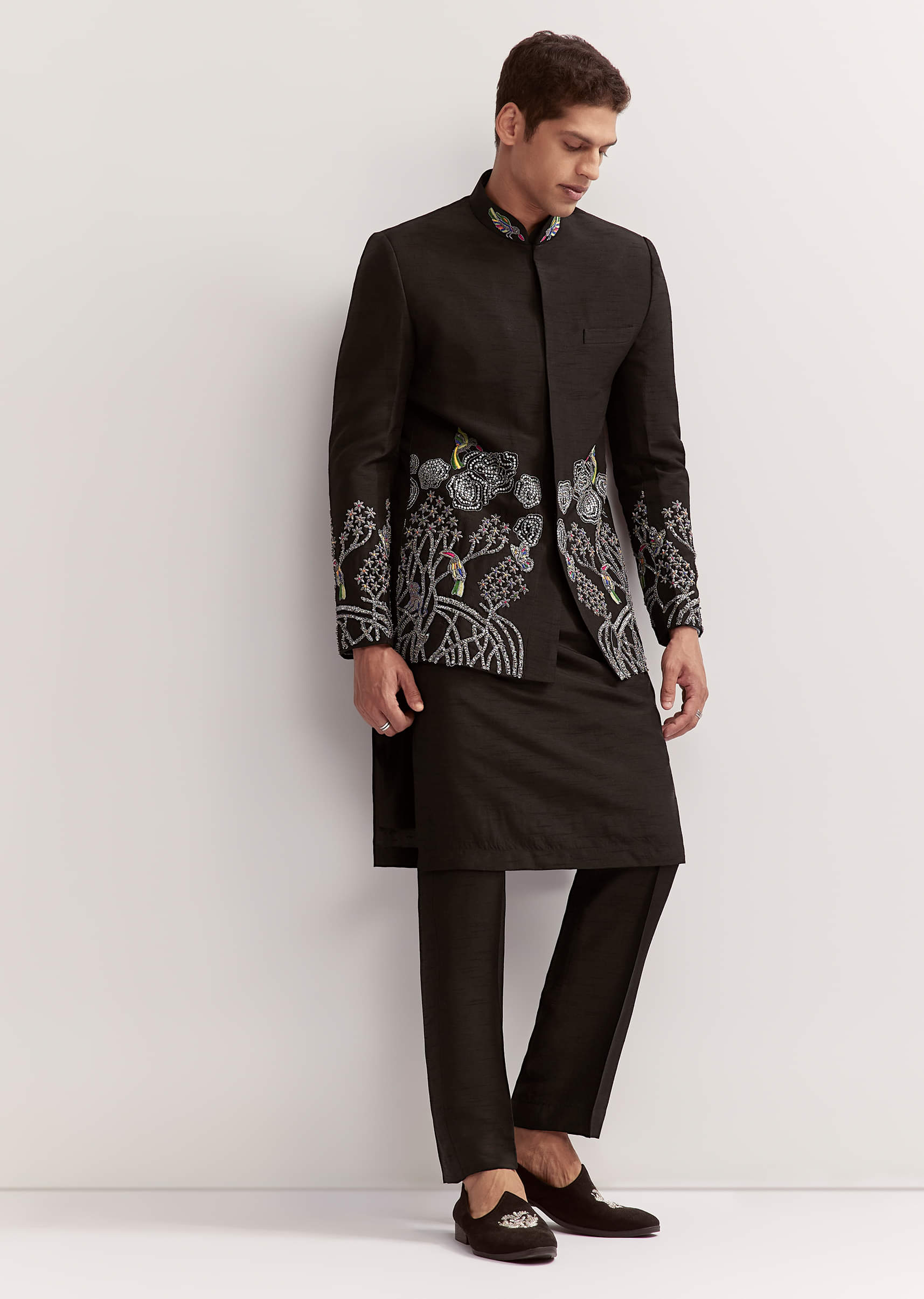 Black Silk Kurta Jacket Set For Men With Zardosi Embroidery - Image 3