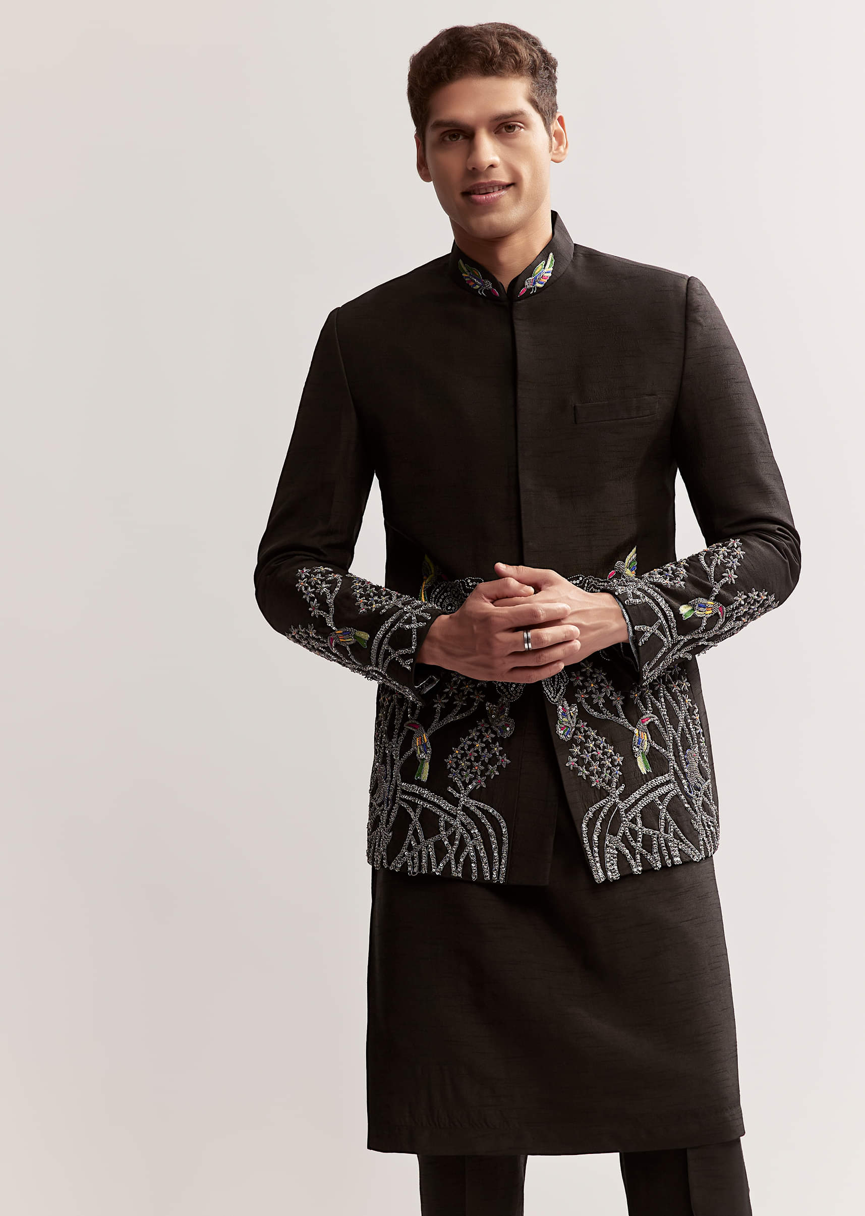 Black Silk Kurta Jacket Set For Men With Zardosi Embroidery - Image 4