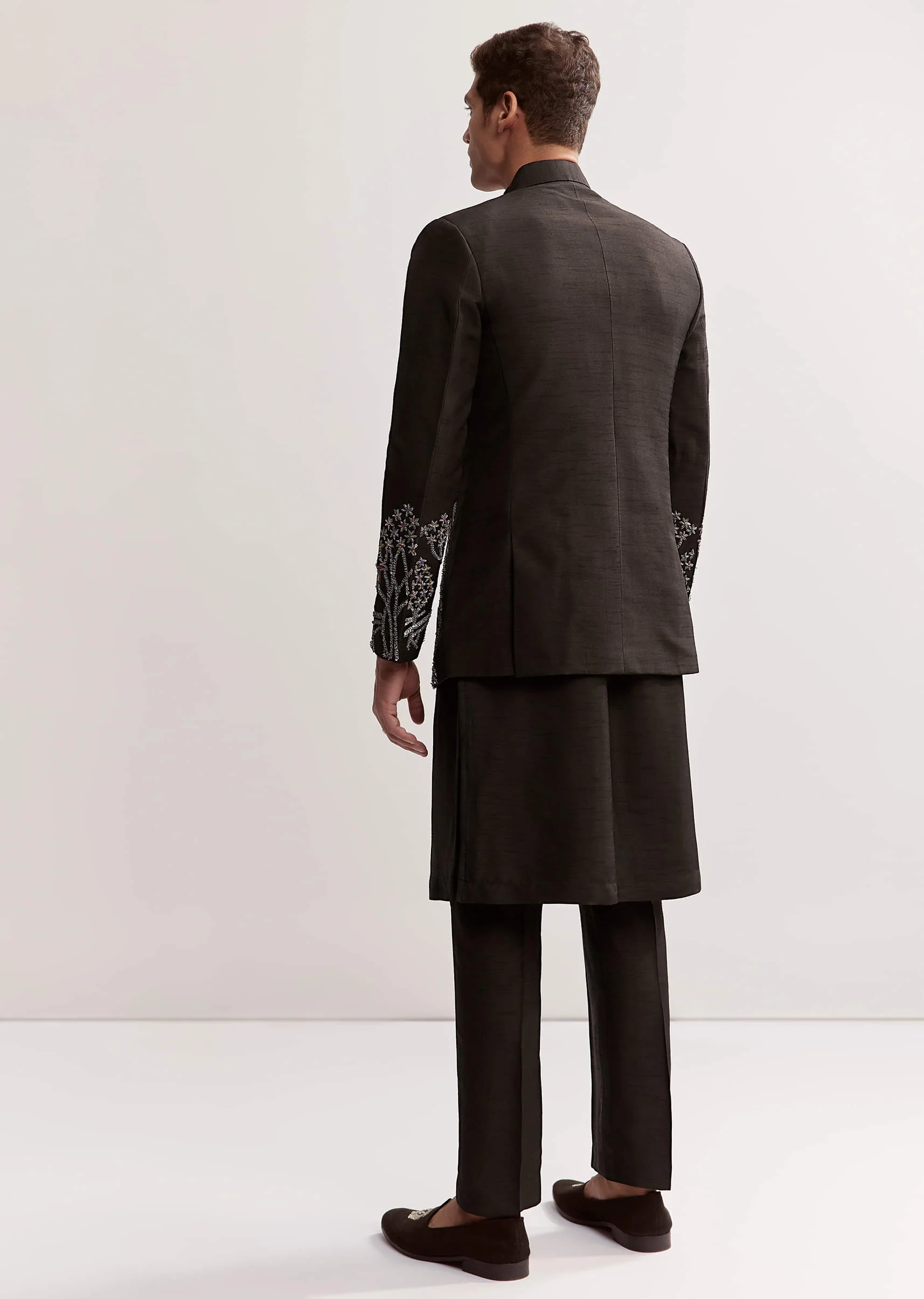Black Silk Kurta Jacket Set For Men With Zardosi Embroidery - Image 5