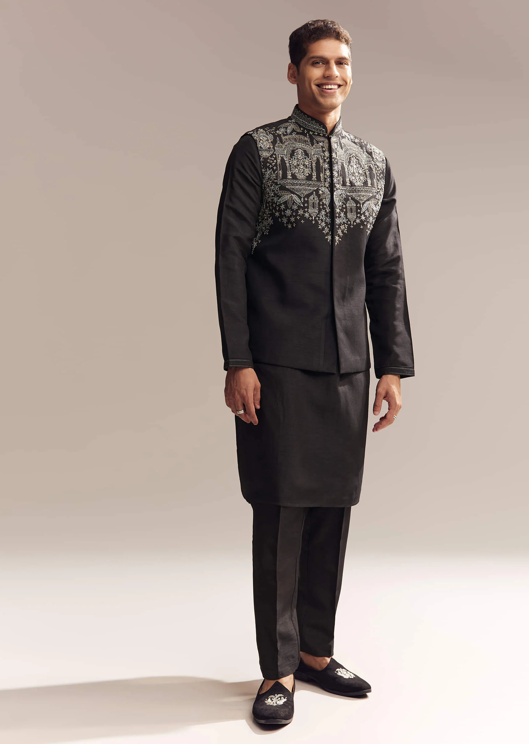 Black Silk Kurta Jacket Set For Men With Zari Cut Work - Image 3